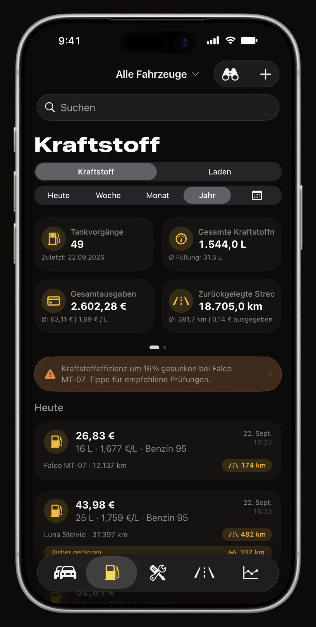 Tankbuch von WrenchTime auf dem iPhone mit Tankfüllungen, Menge, Kosten und Verbrauch von Tankfüllung zu Tankfüllung