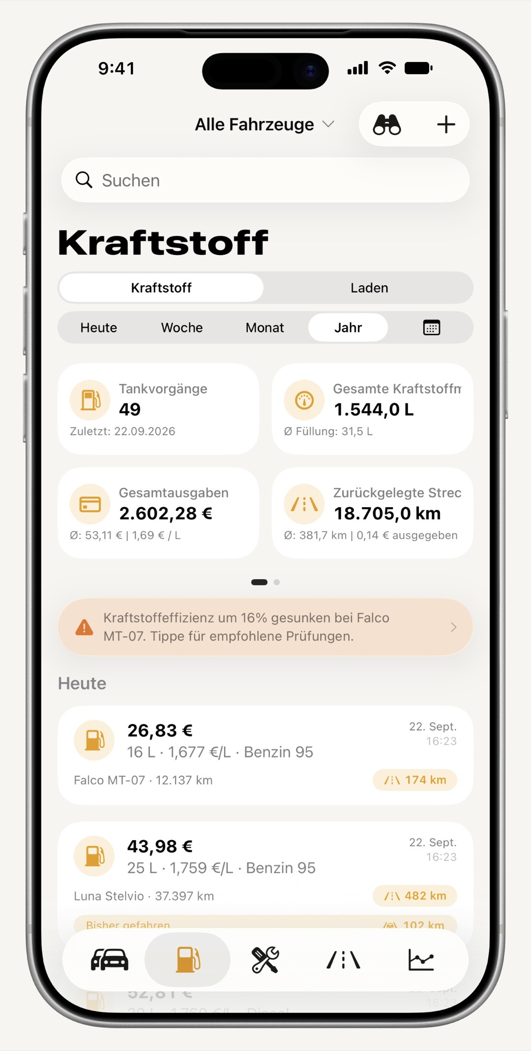 Tankbuch von WrenchTime auf dem iPhone mit Tankfüllungen, Menge, Kosten und Verbrauch von Tankfüllung zu Tankfüllung