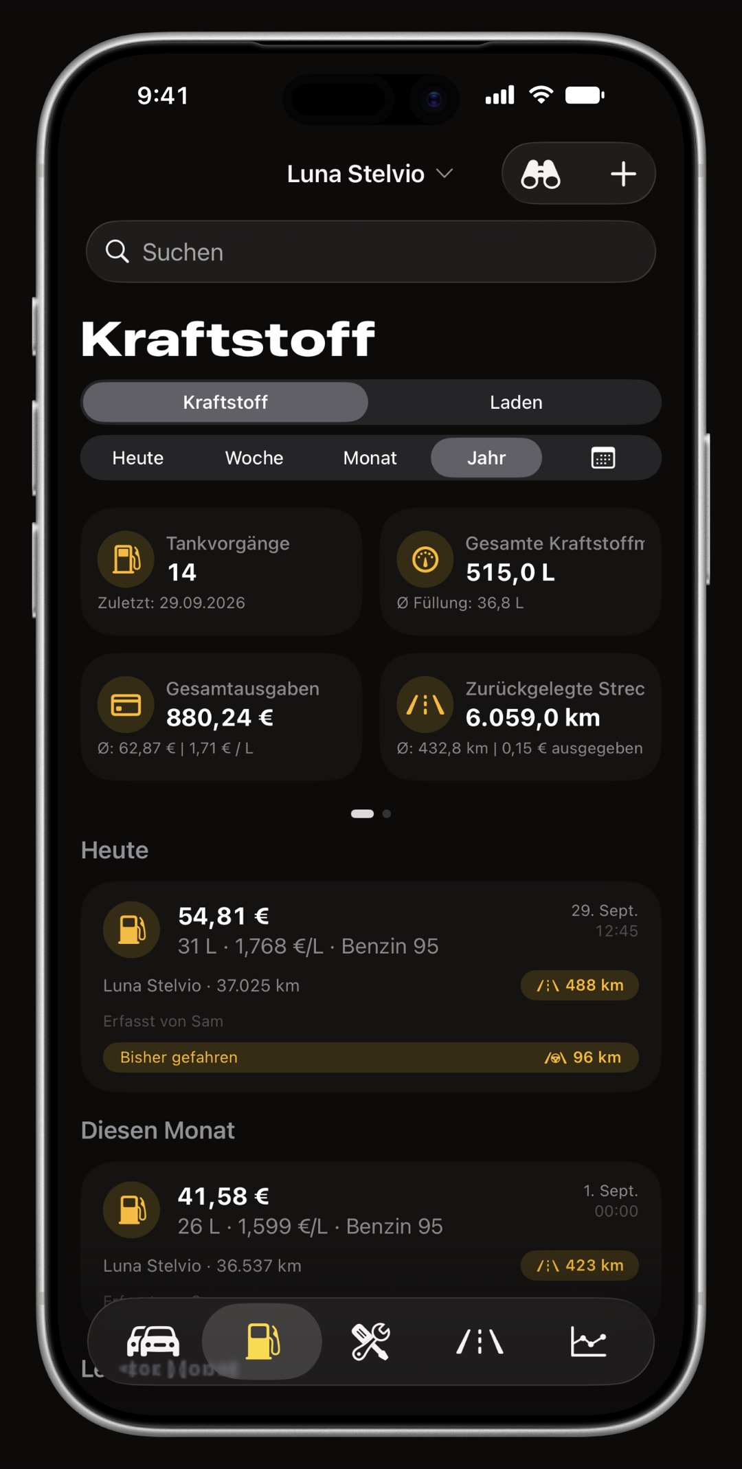 WrenchTime-Tankprotokoll auf dem iPhone für ein geteiltes Auto mit Tankfüllungen und der Zeile Erfasst von Sam