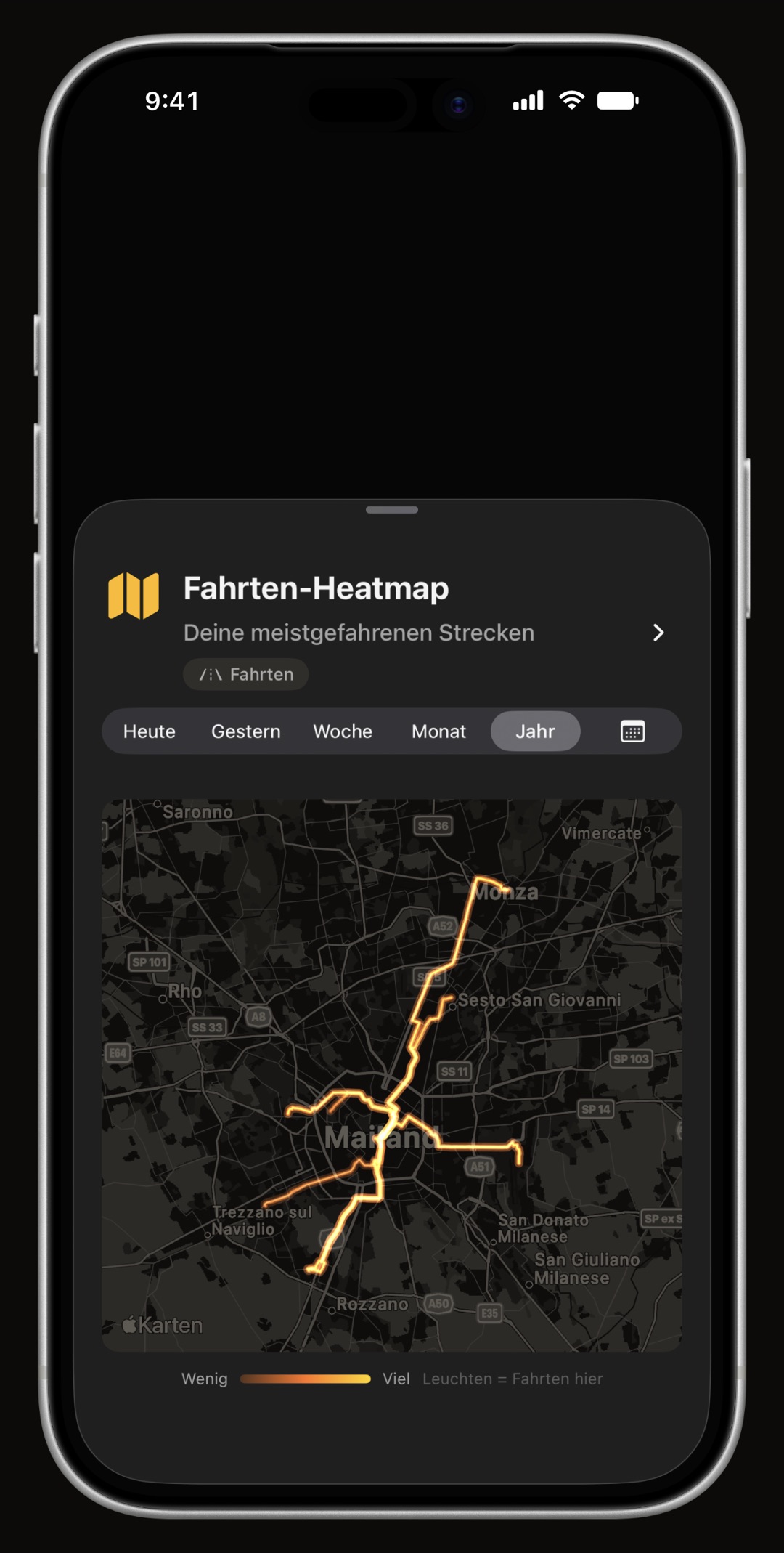 WrenchTime-Fahr-Heatmap auf dem iPhone, die zeigt, wo das Fahrzeug wirklich überall gefahren ist