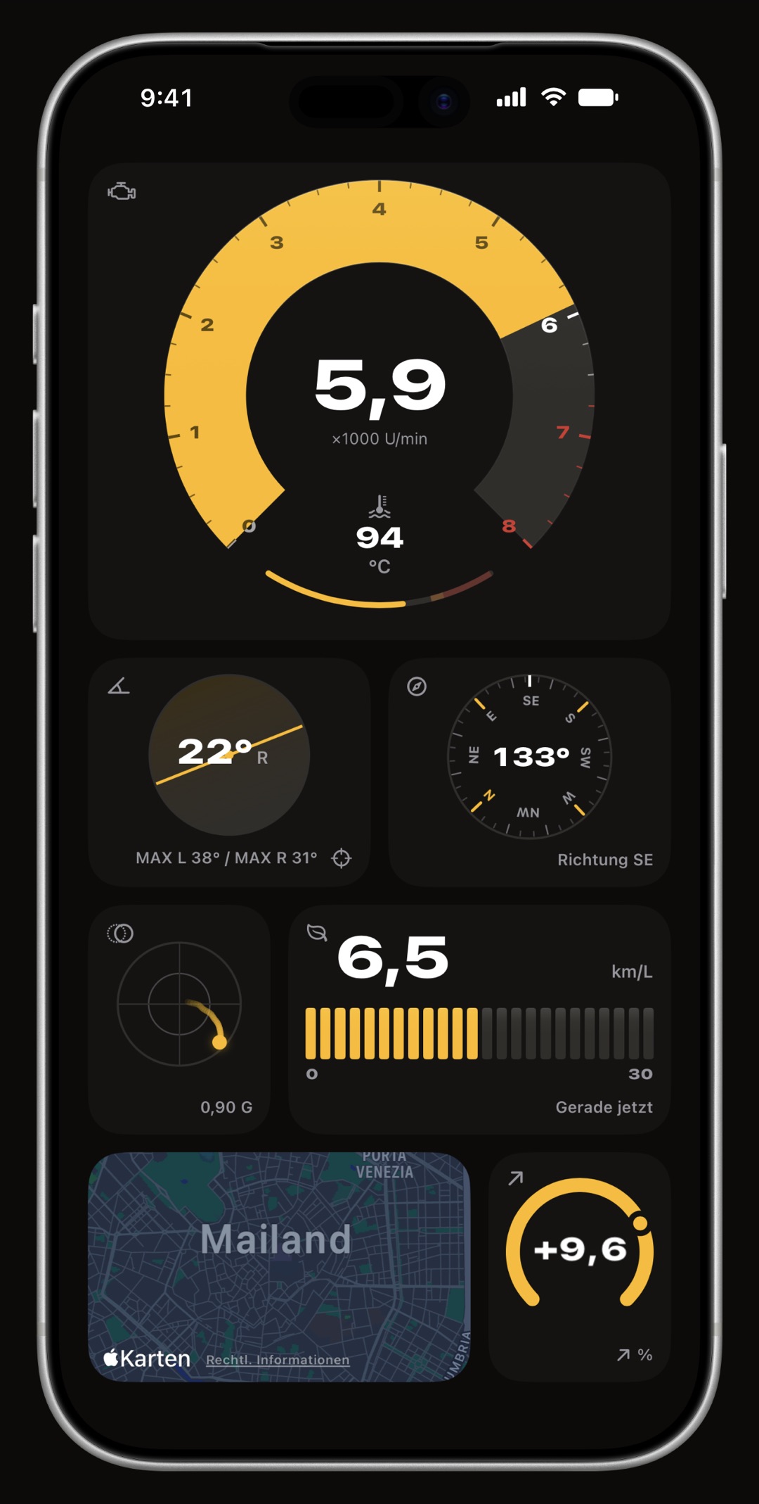 Das WrenchTime-Live-Dashboard auf dem iPhone, ein Vollbild-Board aus Ringanzeigen für Drehzahl, Tempo, Kühlmitteltemperatur und Kraftstoffstand