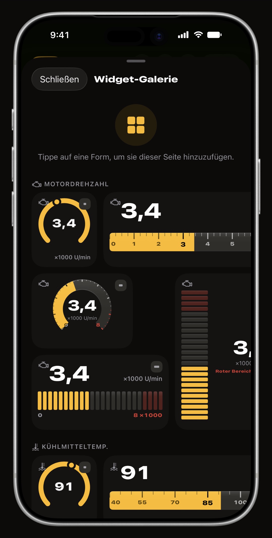 WrenchTime-Live-Dashboard im Bearbeitungsmodus auf dem iPhone mit geöffneter Widget-Galerie