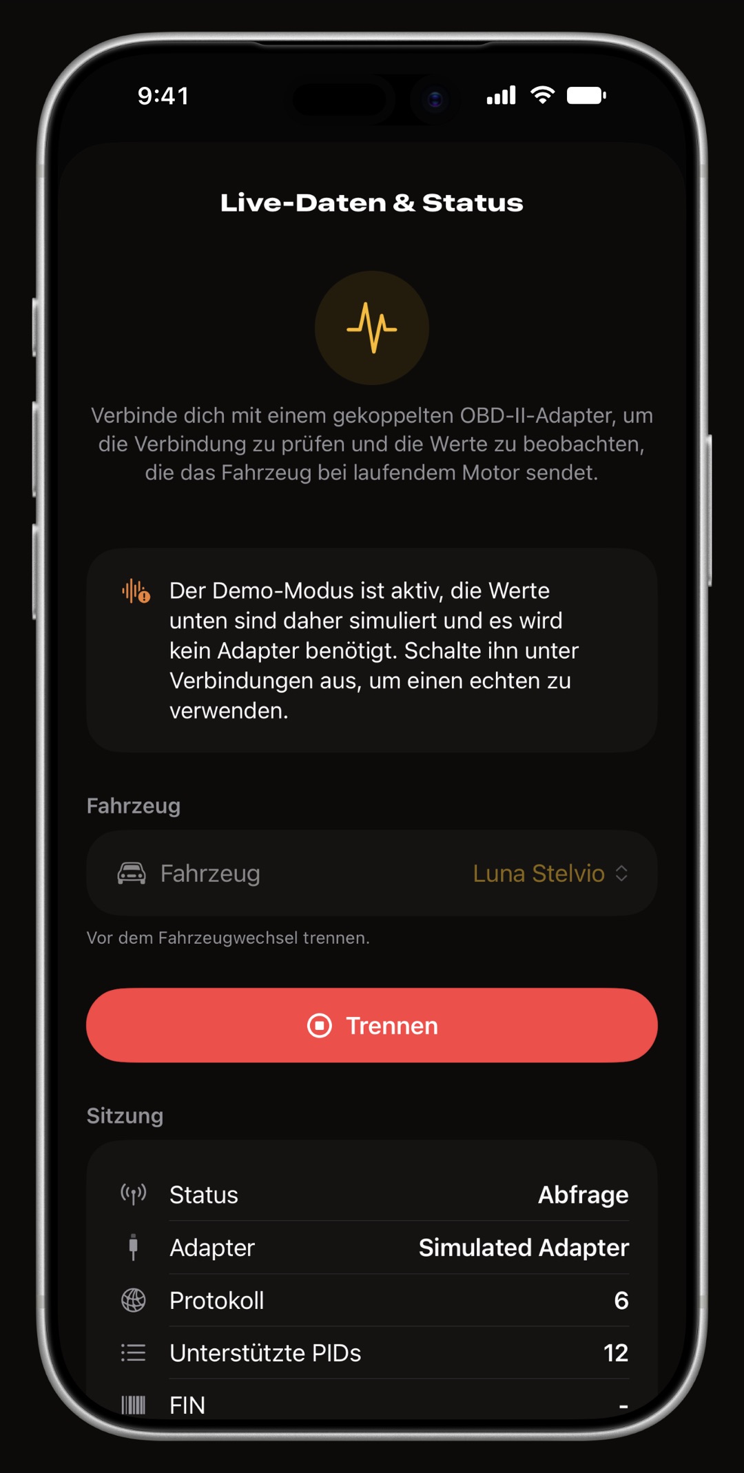 Live-OBD-II-Werte von WrenchTime auf dem iPhone als Raster aus Ringanzeigen, gruppiert nach Bewegung, Motor, Kraftstoff und Luft