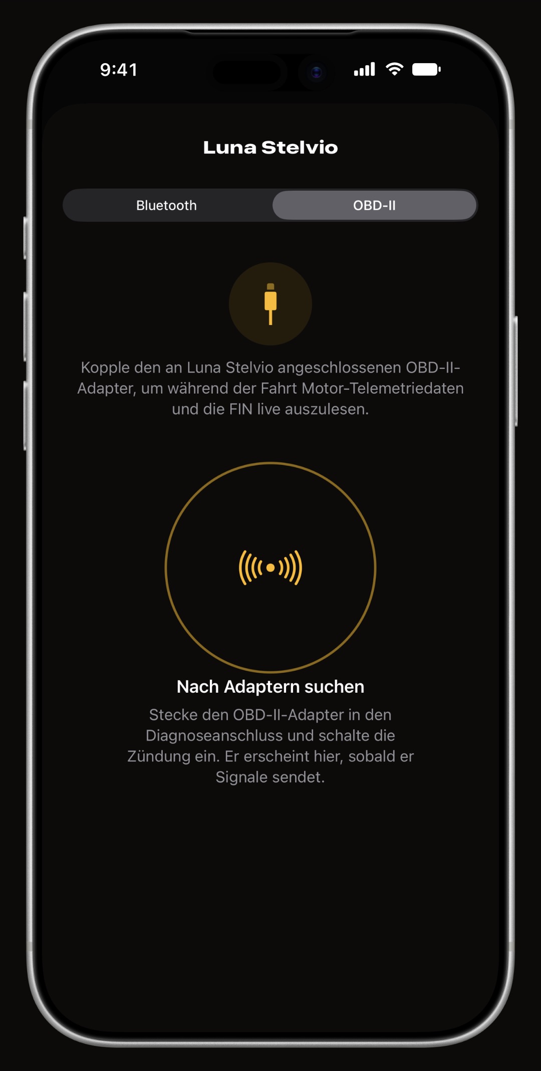 Kopplungsbildschirm von WrenchTime auf dem iPhone, im Tab OBD-II, bei der Suche nach einem Adapter, der in der Diagnosebuchse des Fahrzeugs steckt