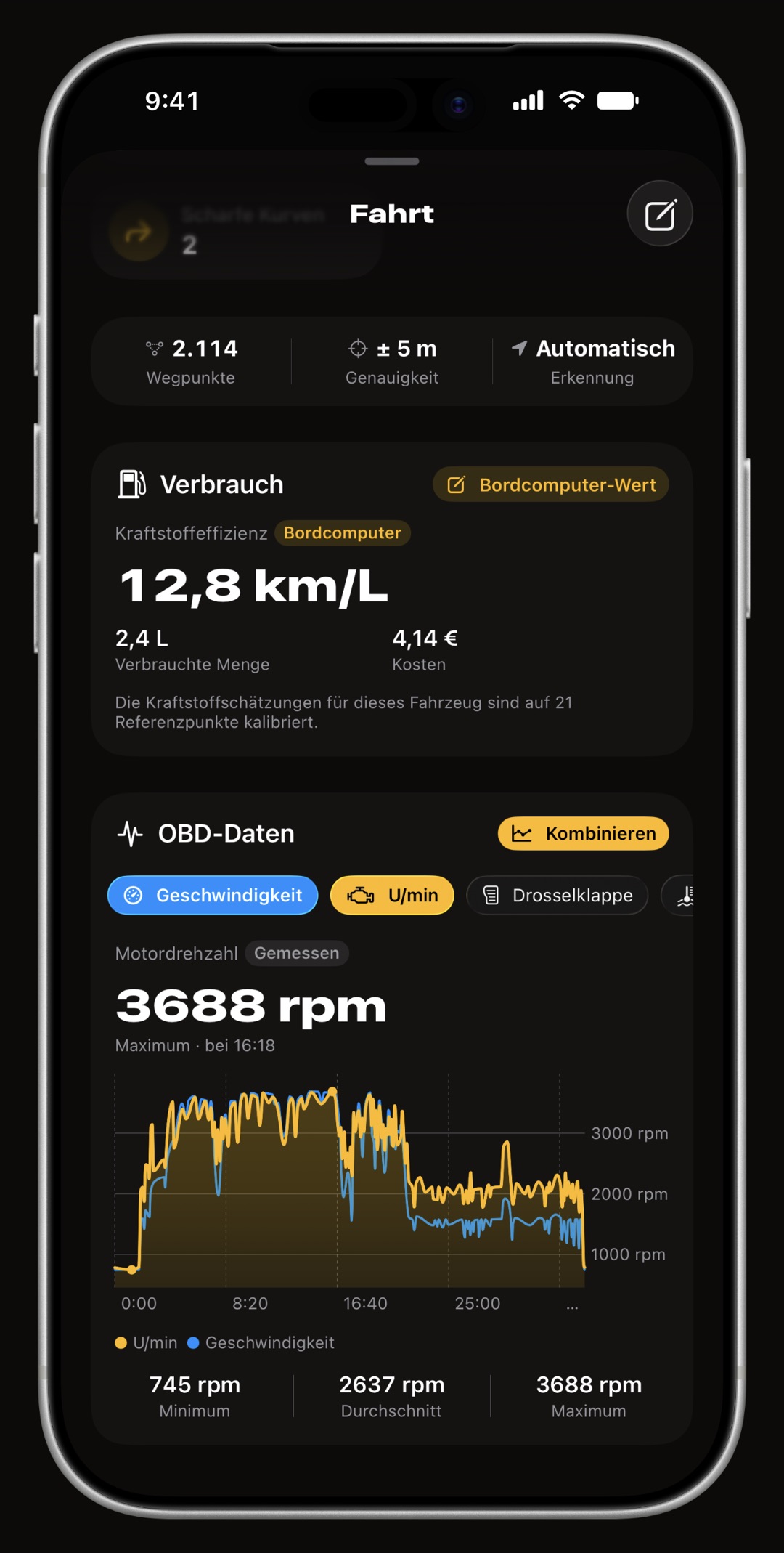 Fahrtdetails von WrenchTime auf dem iPhone, gescrollt bis zum OBD-II-Diagramm, mit Drehzahl, Kühlmitteltemperatur und Kraftstoffdurchfluss über die Fahrt