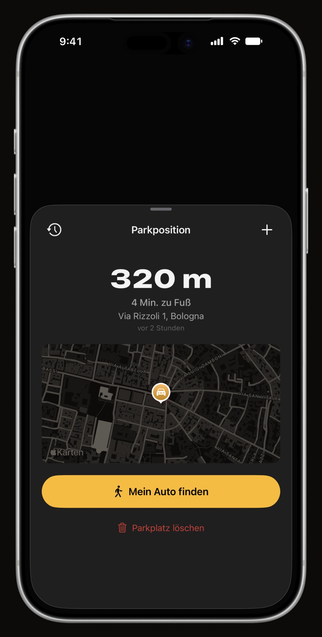WrenchTime-Parkplatzkarte mit Adresse, Parkdauer und Fußweg zurück