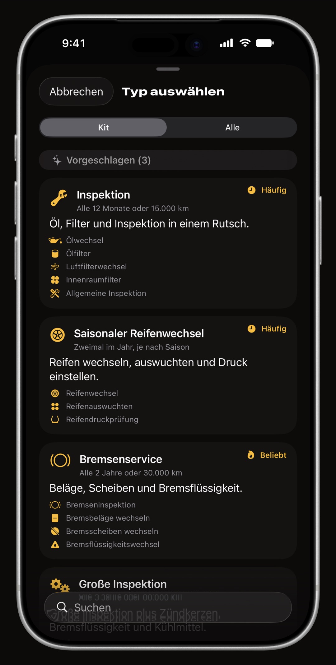 Liste der WrenchTime-Arbeiten mit 56 Wartungsarbeiten für Auto und Motorrad