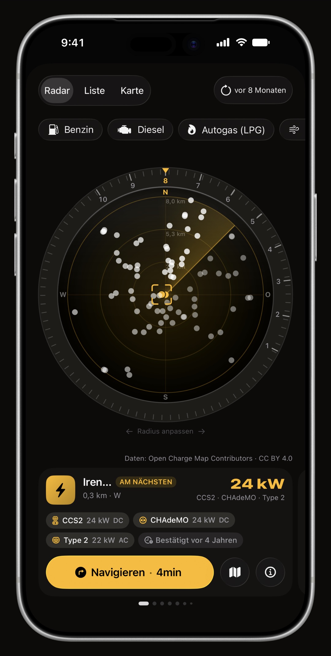 WrenchTime-Preisradar auf dem iPhone mit Ladepunkten, einem Steckerfilter und einer Stationskarte