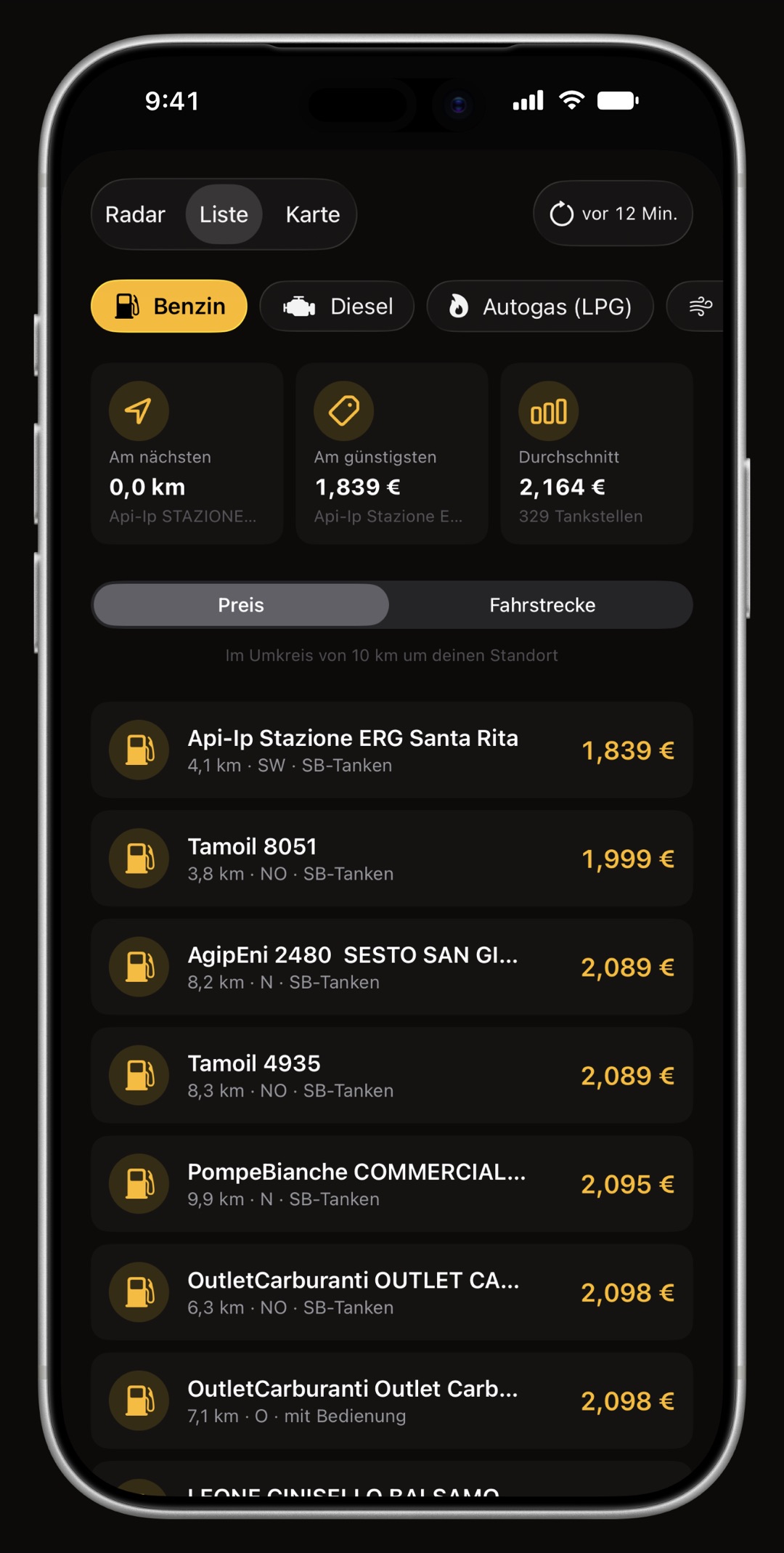 Liste des WrenchTime-Preisradars auf dem iPhone mit Preis, Marke und Entfernung jeder Tankstelle