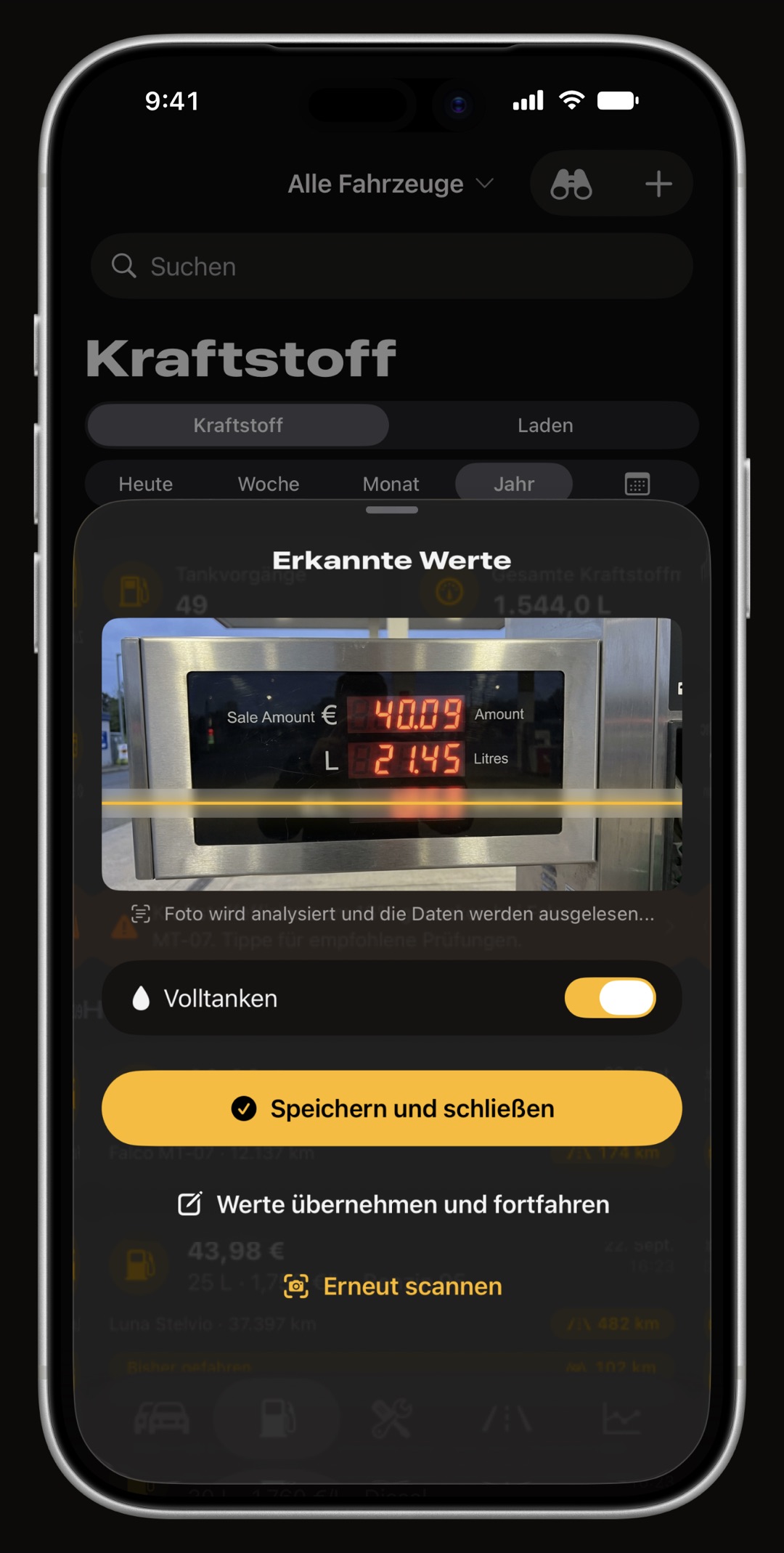 WrenchTime scannt eine Zapfsäulenanzeige mit Texterkennung auf dem iPhone
