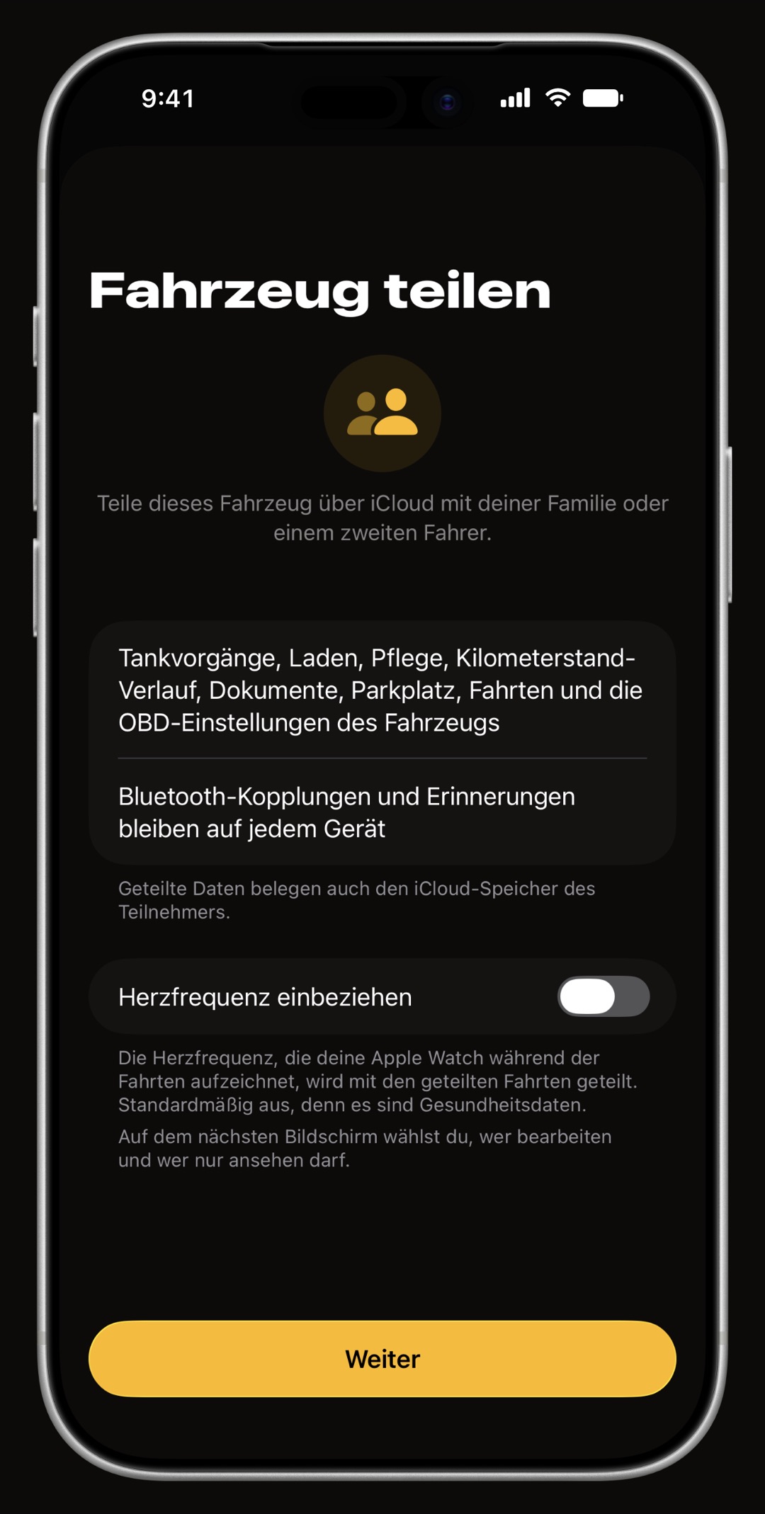 WrenchTime-Bildschirm Fahrzeug teilen auf dem iPhone mit der Liste, was mitgeteilt wird, was auf jedem Gerät bleibt, und einem Schalter Herzfrequenz einbeziehen