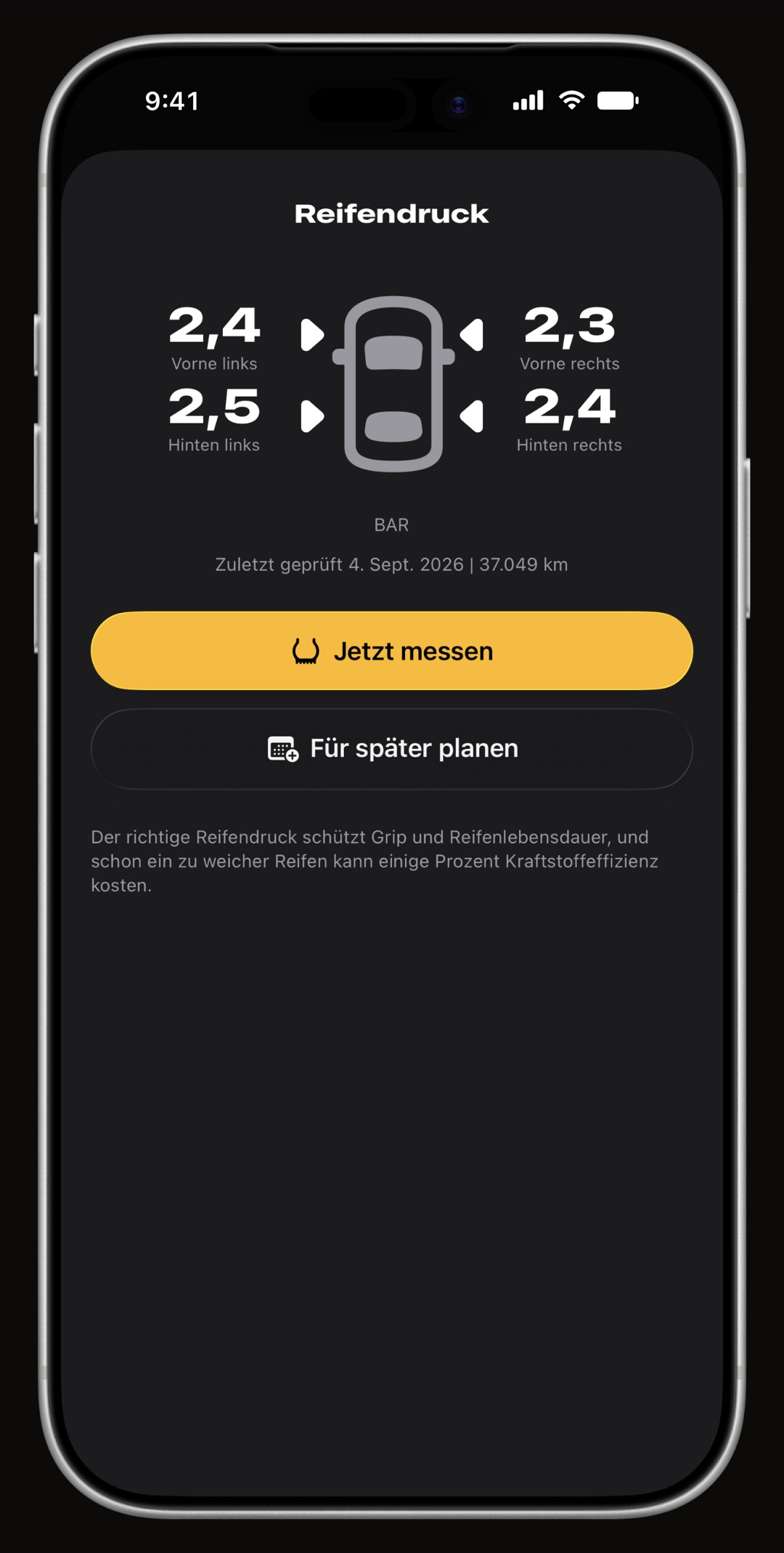 Reifendruck in WrenchTime, eingetragen auf einer Skizze des Fahrzeugs statt in einer Liste