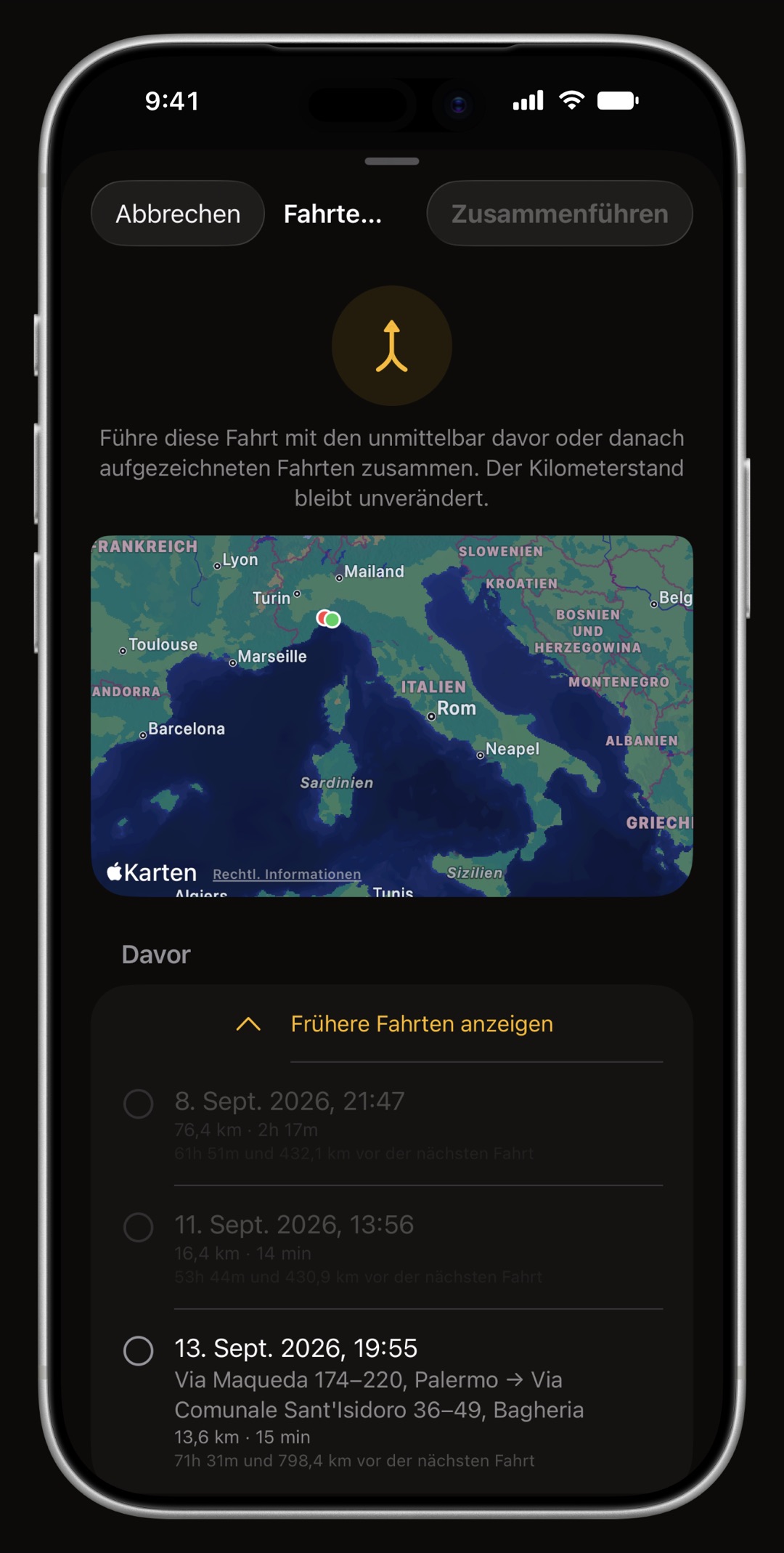 Der Streckenbereich von WrenchTime auf dem iPhone, der zwei benachbarte Fahrten zu einer zusammenführt