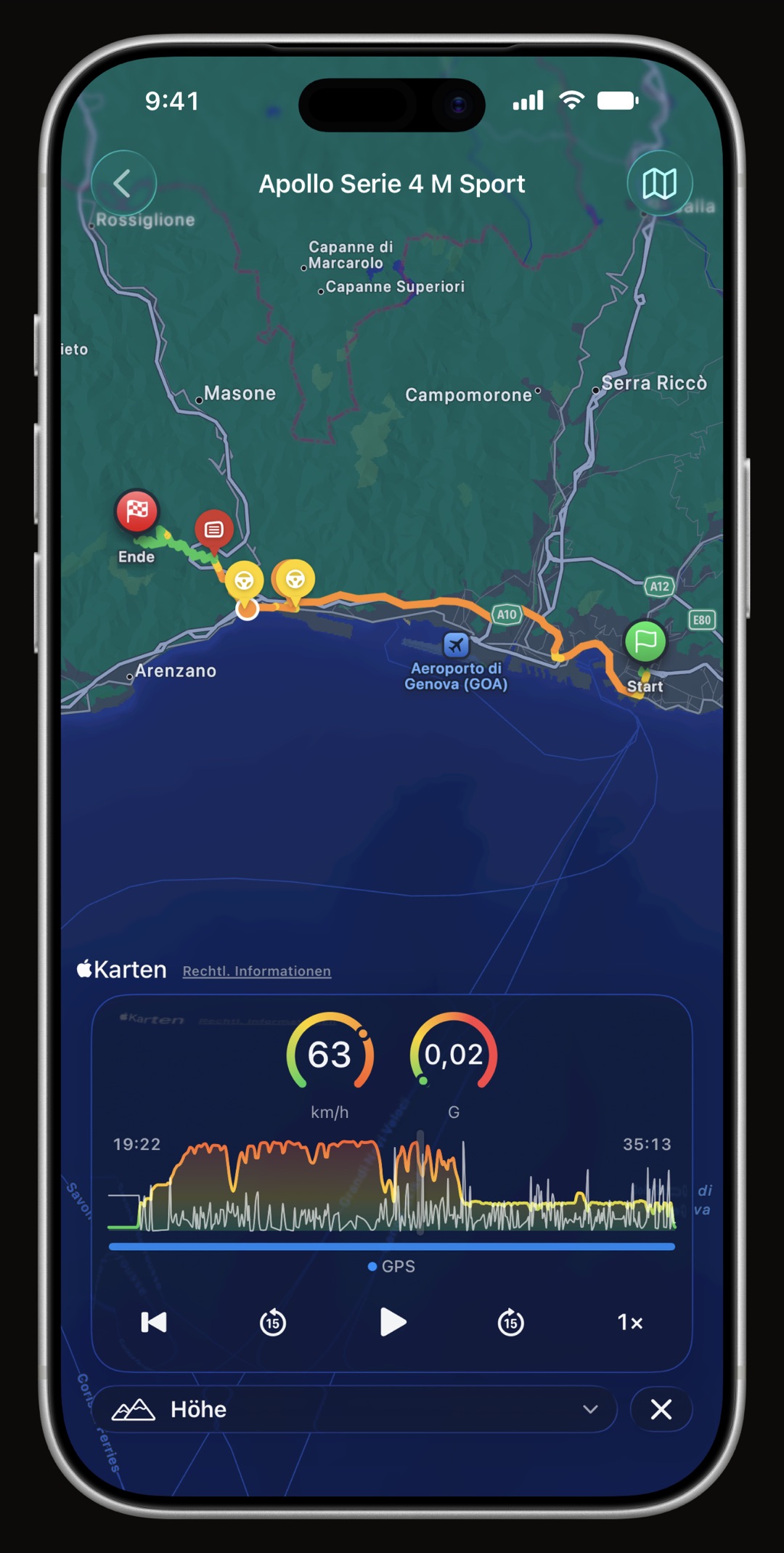 Wiedergabe-Player von WrenchTime auf dem iPhone mit Anzeigen für Tempo, Höhe und G-Kraft entlang der aufgezeichneten Route
