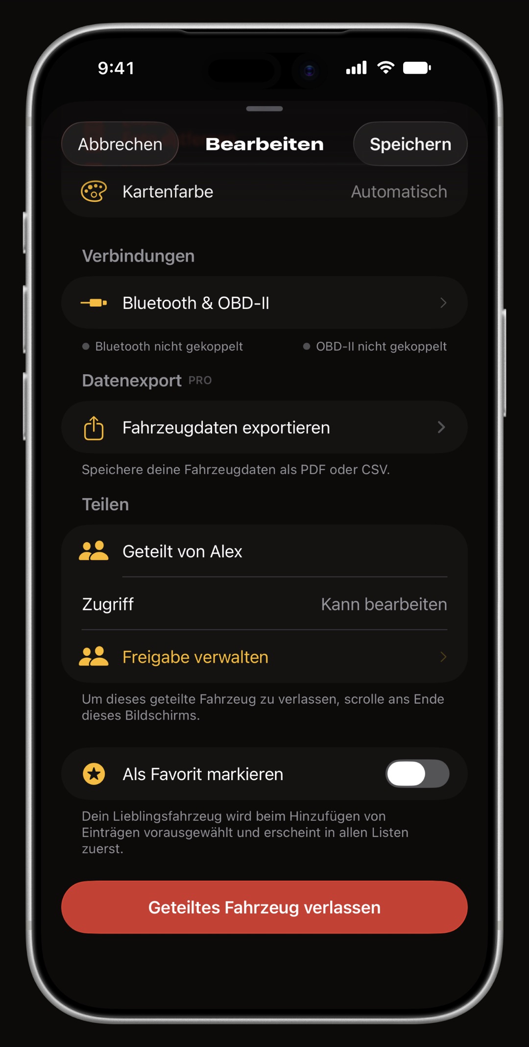 Geteiltes WrenchTime-Fahrzeug auf dem iPhone aus Sicht eines Teilnehmers: Geteilt von Alex, Zugriff Kann bearbeiten, Freigabe verwalten