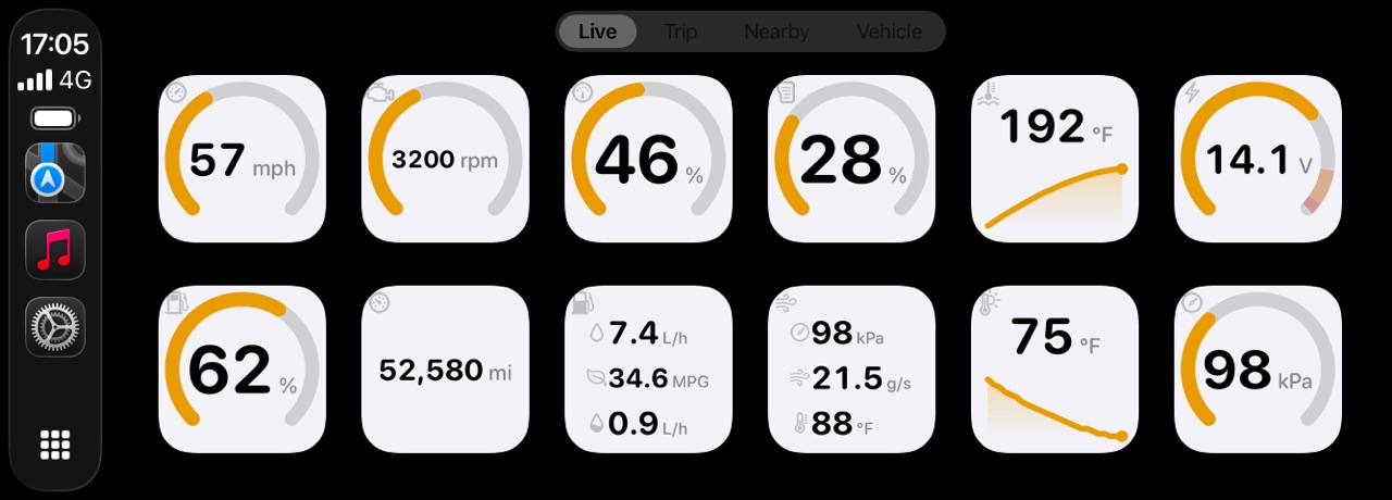 The WrenchTime CarPlay gauge grid in light appearance on a car head unit