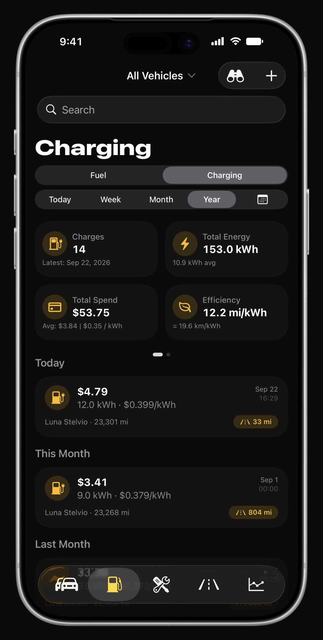 WrenchTime EV charging log on iPhone with energy in kWh, charger type and battery percentage