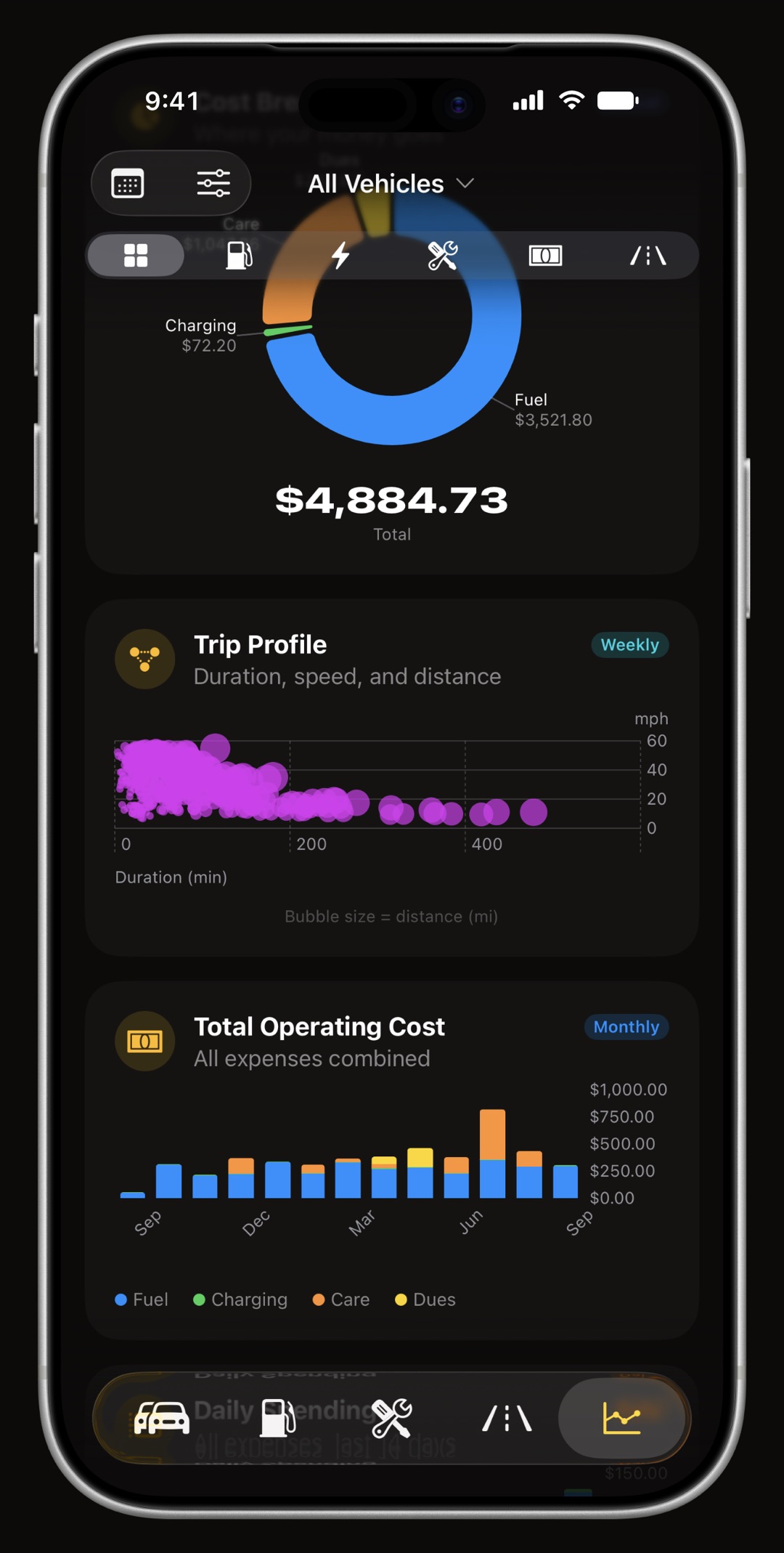 WrenchTime running cost and fuel economy charts on iPhone
