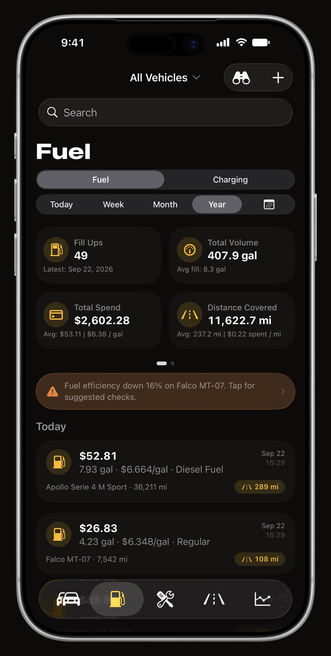 WrenchTime fuel log on iPhone with fill-ups, volume, cost and tank-to-tank economy