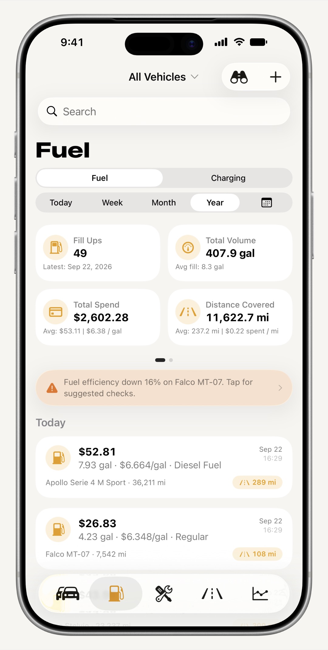 WrenchTime fuel log on iPhone with fill-ups, volume, cost and tank-to-tank economy
