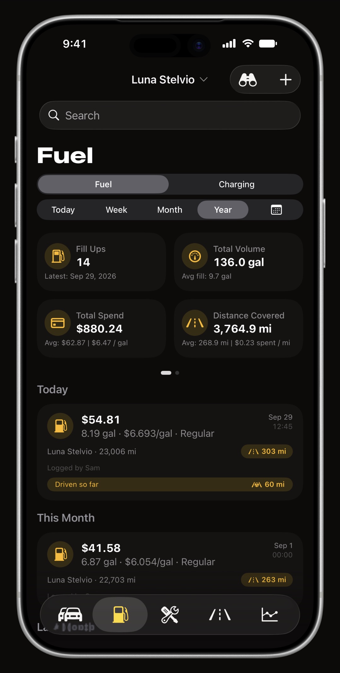 WrenchTime fuel log on iPhone for a shared car with fill-ups captioned Logged by Sam