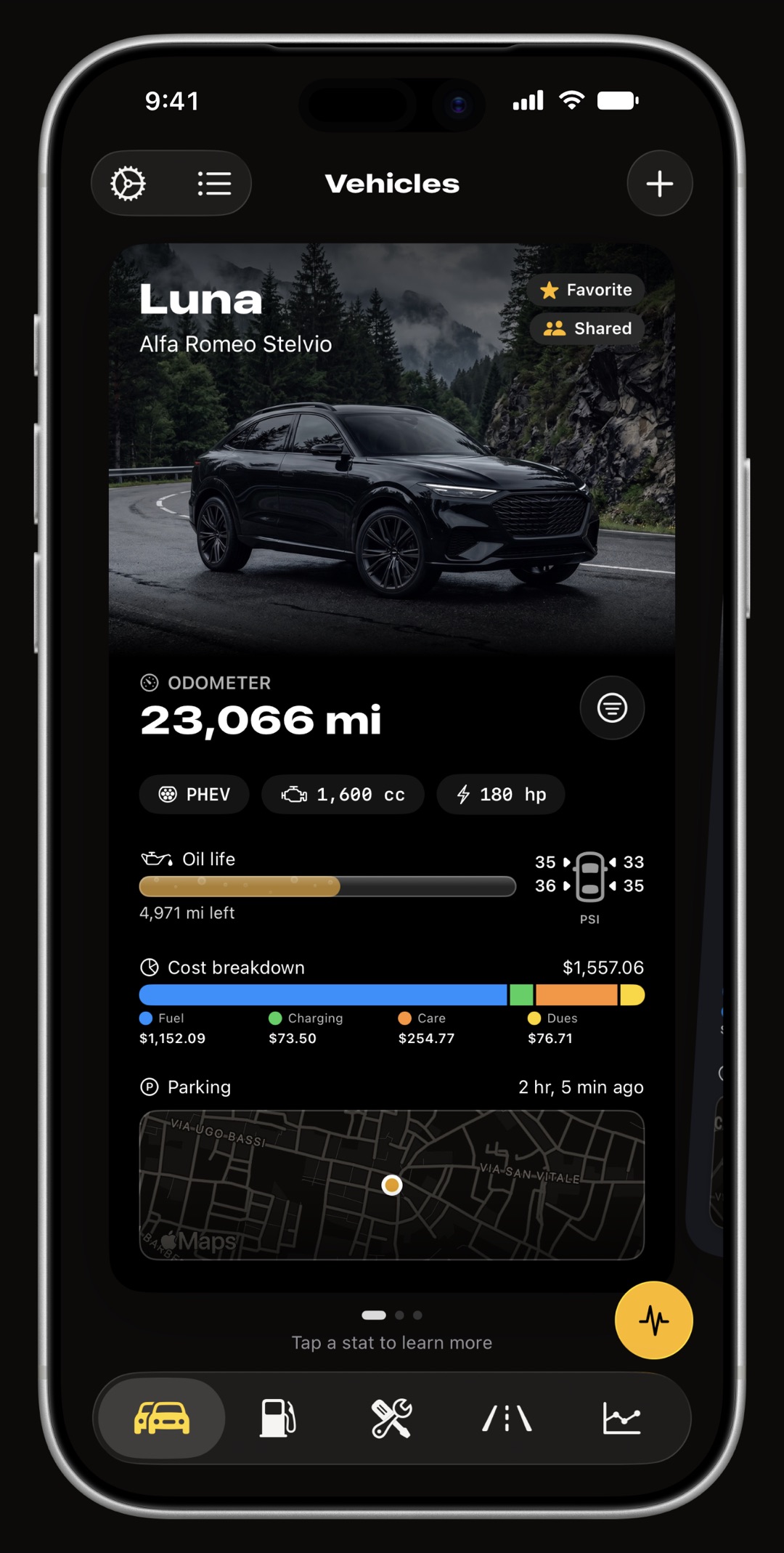 WrenchTime garage on iPhone with a car card marked Shared