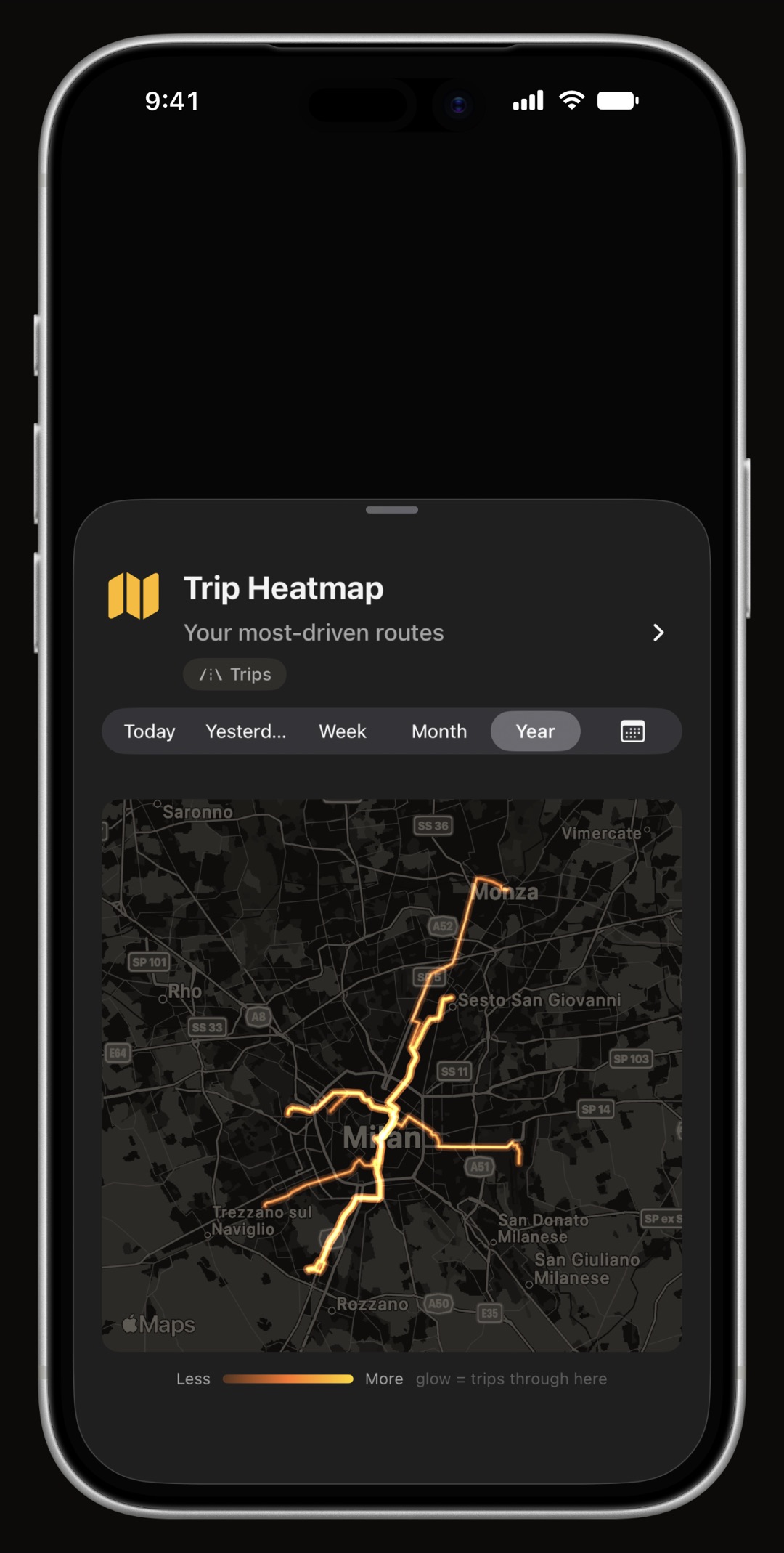 WrenchTime driving heatmap on iPhone showing everywhere the vehicle has actually been driven