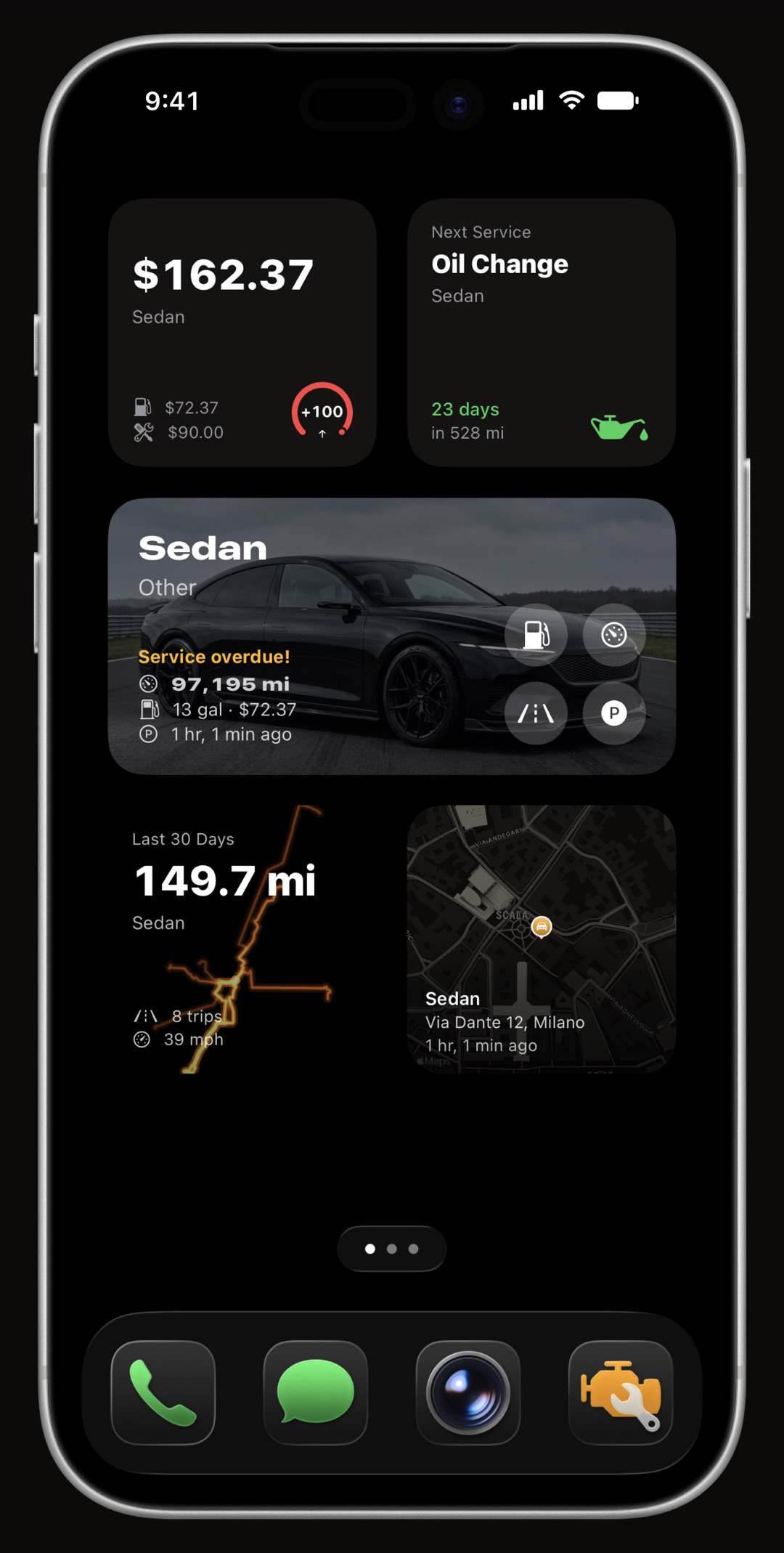 WrenchTime Home Screen and Lock Screen widgets: fuel gauge, monthly spending, upcoming maintenance, parking