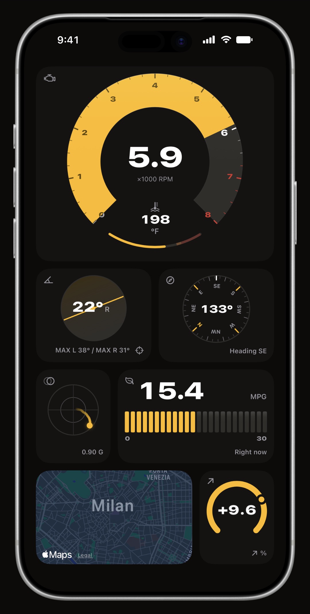WrenchTime Live dashboard on iPhone with ring gauges for revs, speed, coolant temperature and G-force