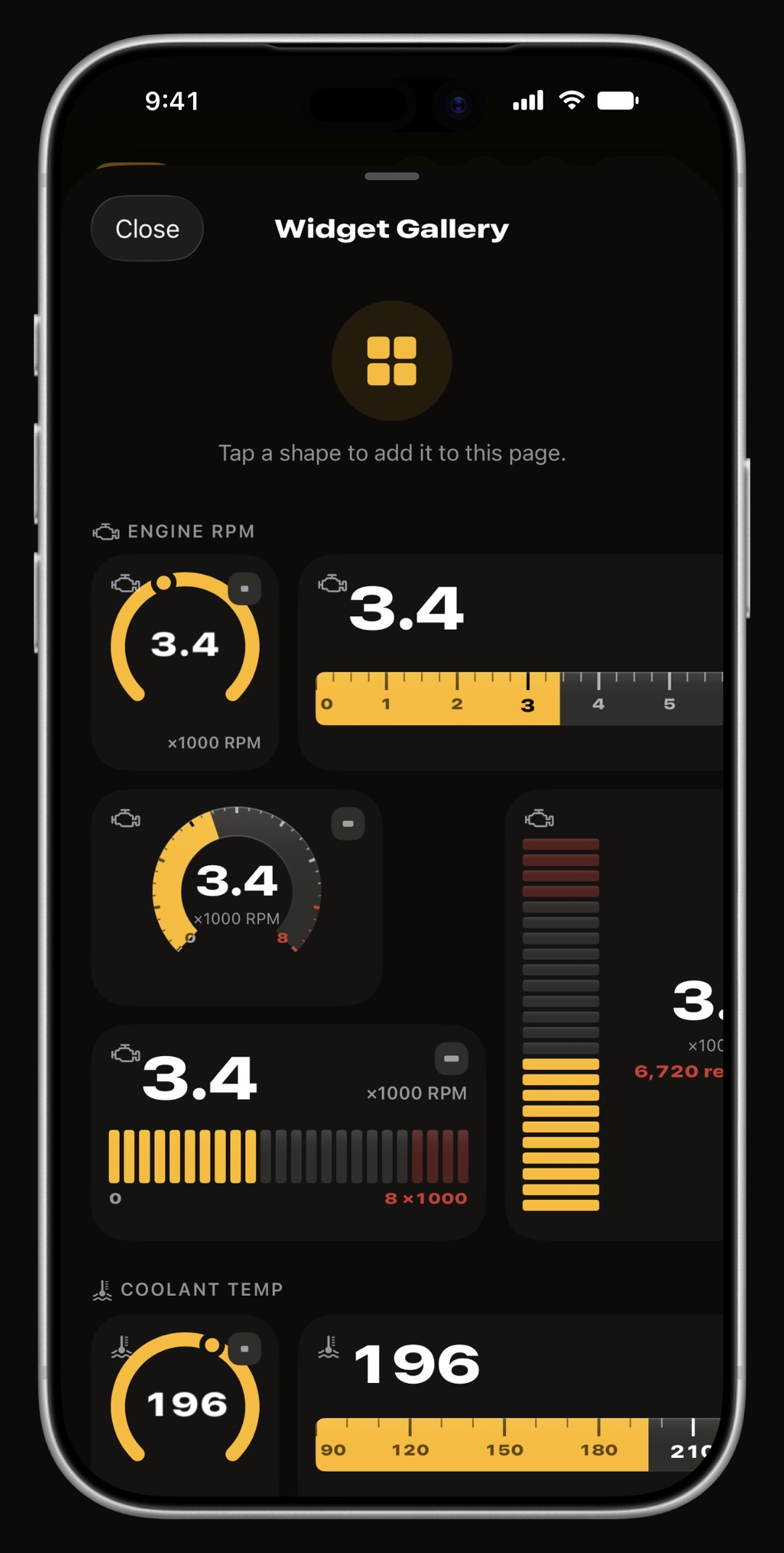 WrenchTime Live dashboard in edit mode on iPhone with the widget gallery open