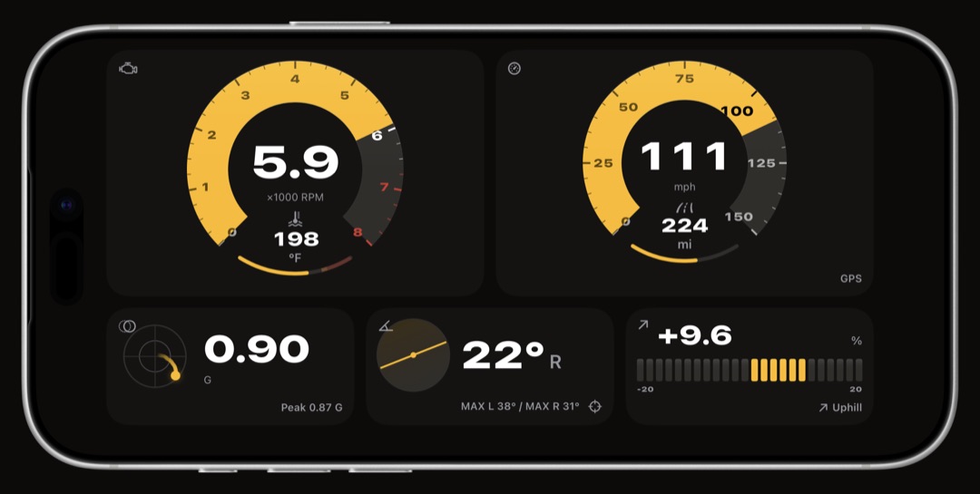 WrenchTime Live dashboard on iPhone in landscape, a wide page of twelve-unit instrument rows