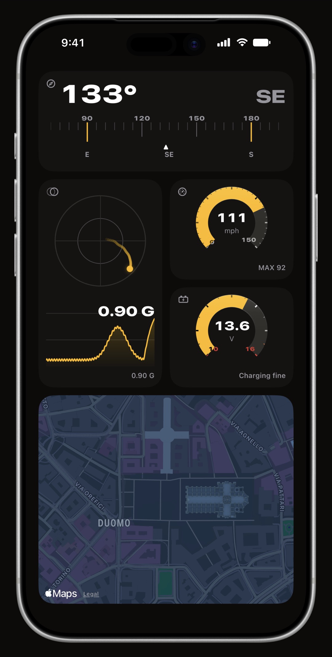 A second WrenchTime Live page on iPhone with a compass strip, a G-force plot and a map card