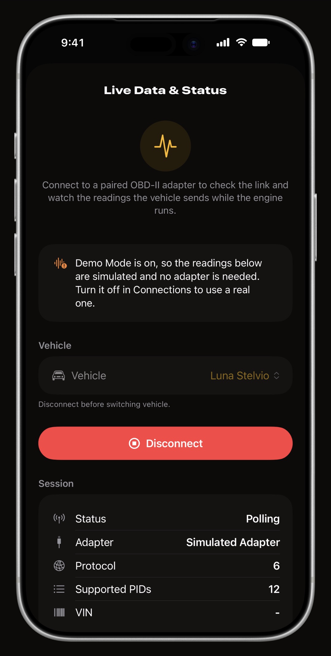 WrenchTime live OBD-II readings on iPhone as a grid of ring gauges grouped by motion, engine, fuel and air