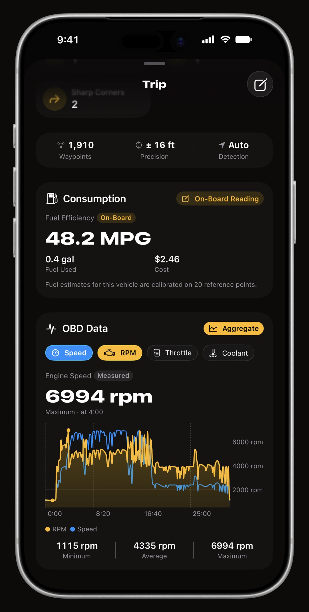 A WrenchTime trip sheet on iPhone scrolled to its OBD-II chart, engine revs plotted over the drive with speed overlaid