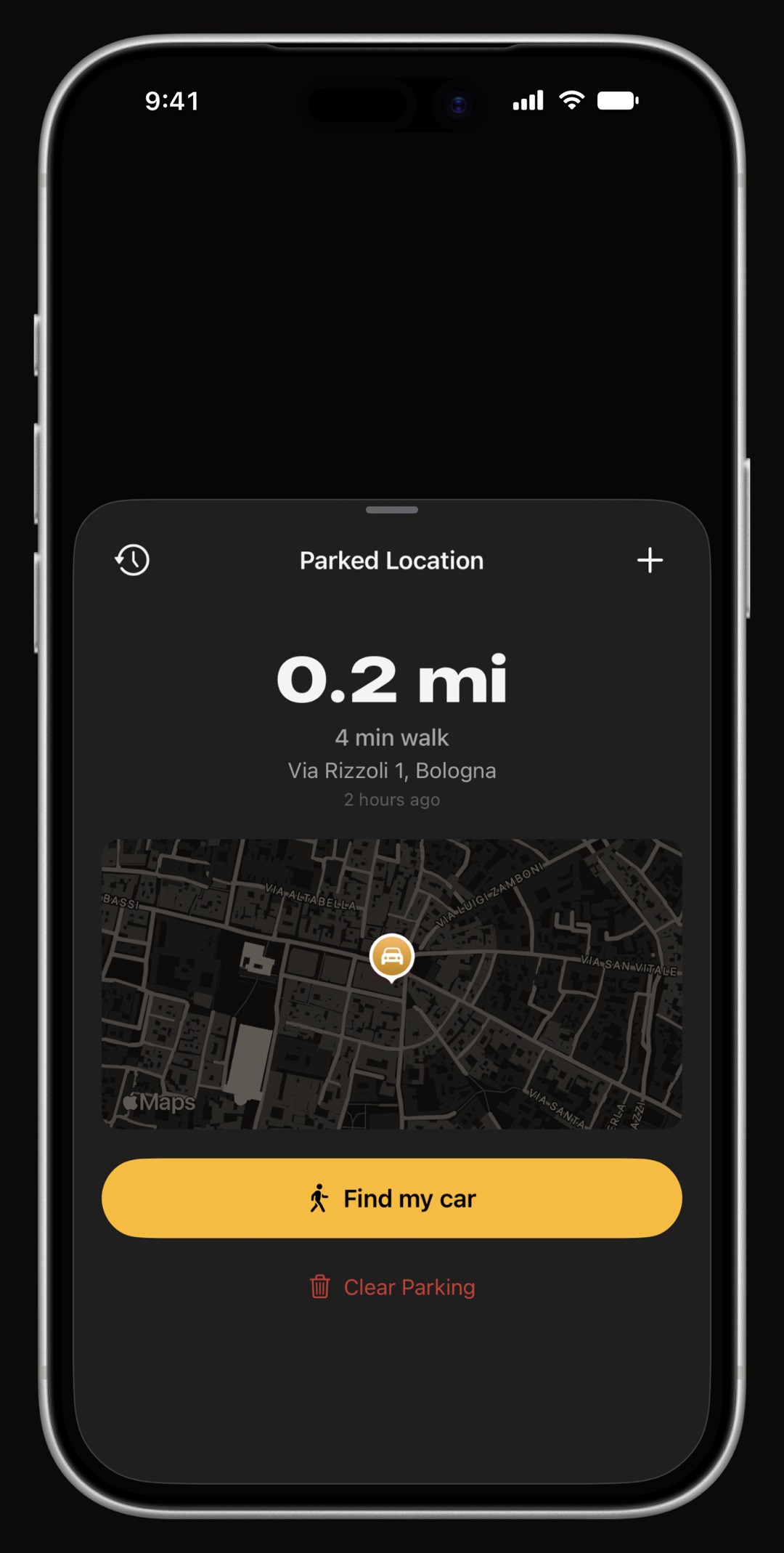 WrenchTime find my car parking map with address, time parked and walking directions