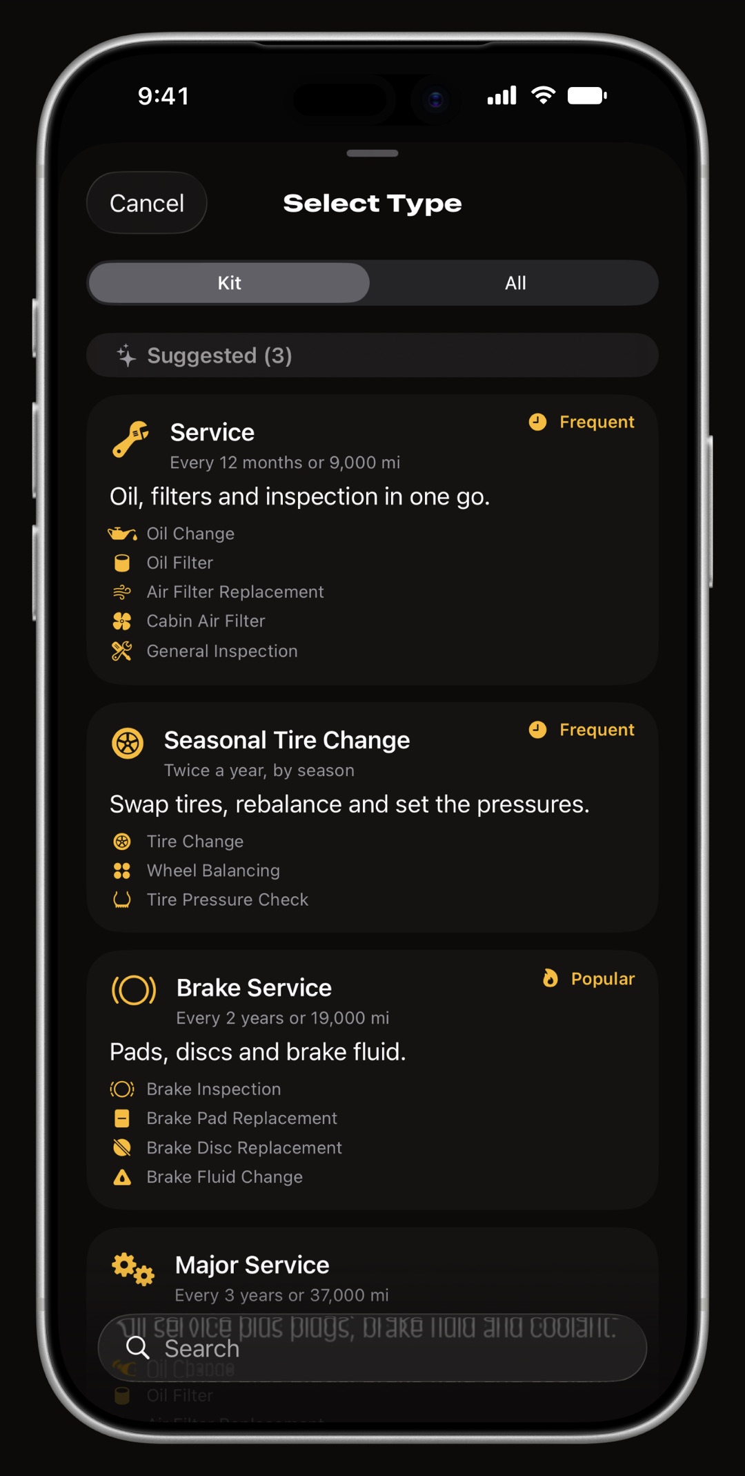 WrenchTime maintenance procedures list with 56 car and motorcycle service procedures