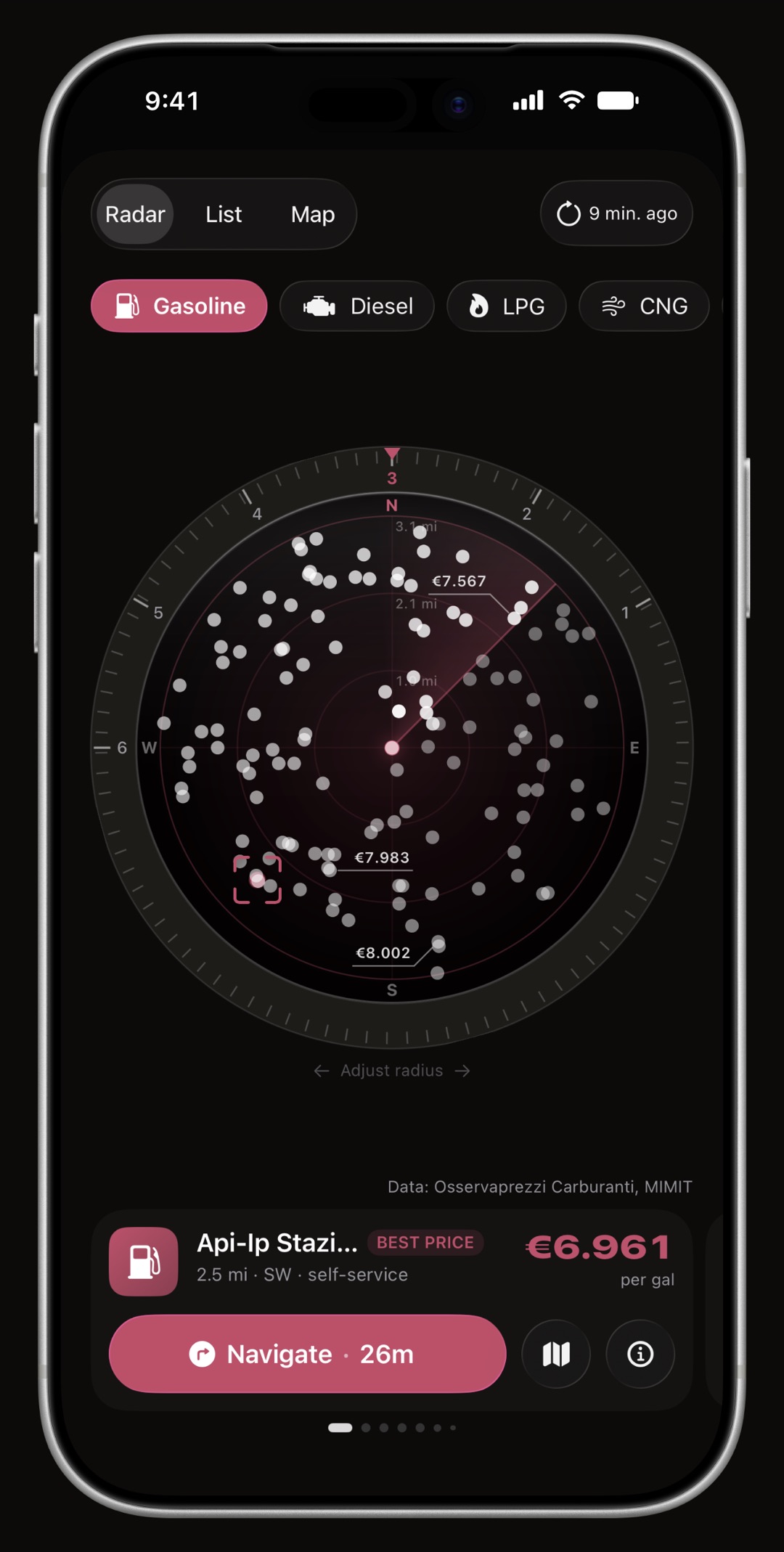 WrenchTime Price Radar on iPhone, its ring, its heading cone and the station card all drawn in the accent color: Bordeaux