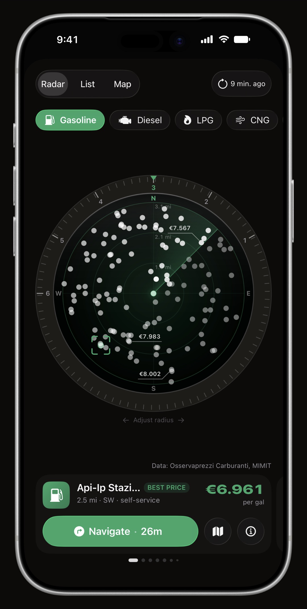 WrenchTime Price Radar on iPhone, its ring, its heading cone and the station card all drawn in the accent color: British Green