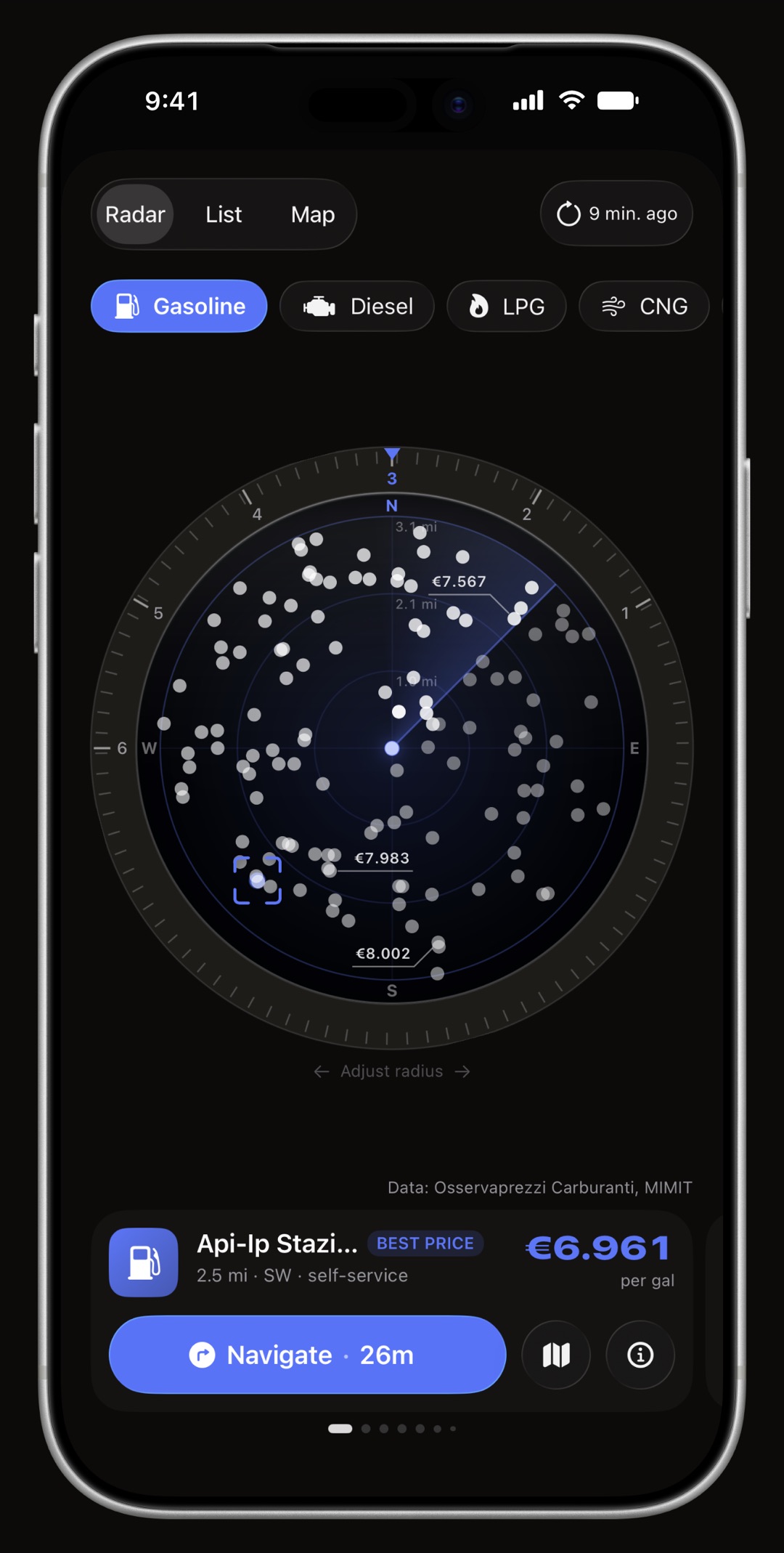 WrenchTime Price Radar on iPhone, its ring, its heading cone and the station card all drawn in the accent color: Cobalt