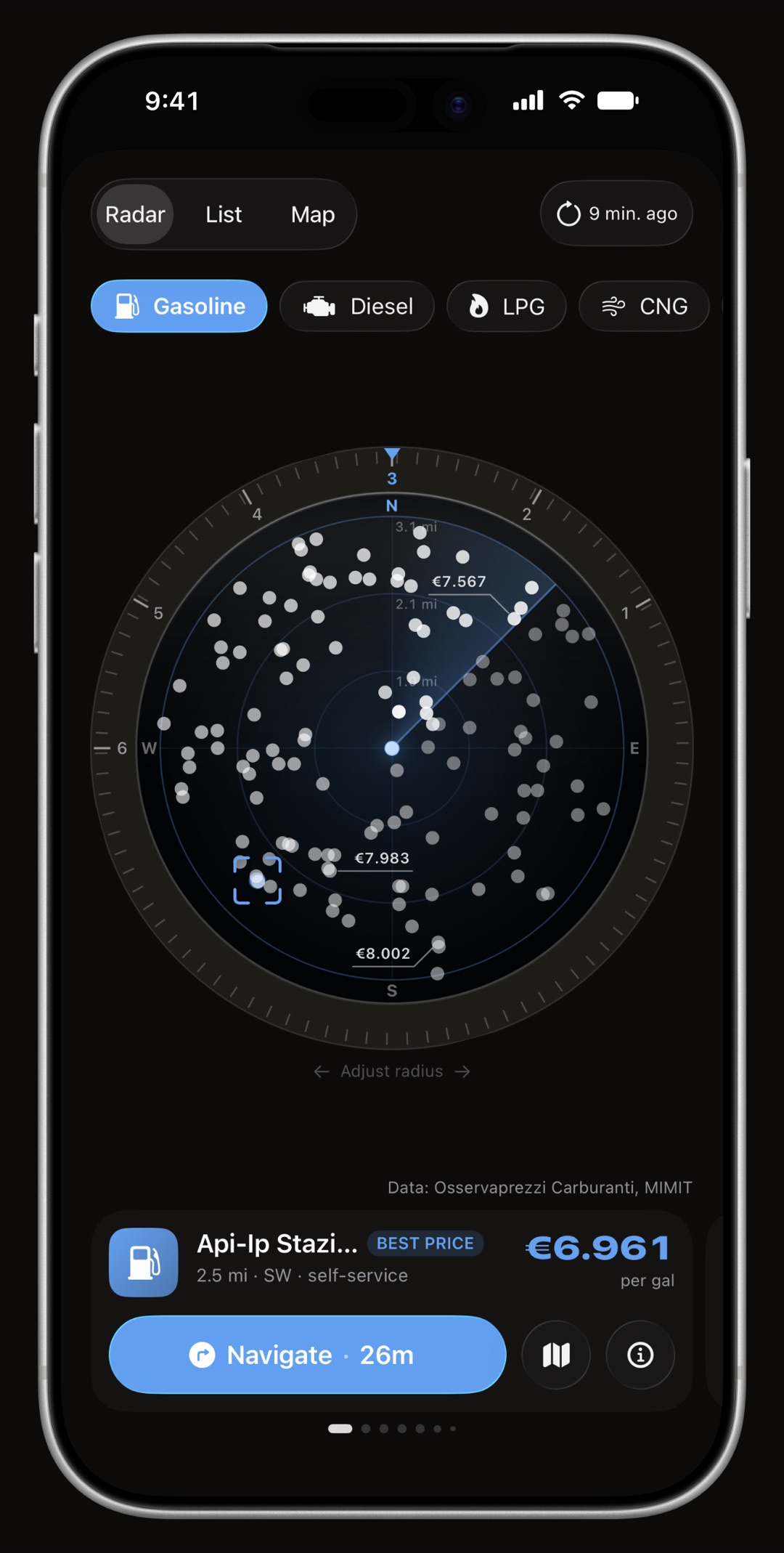 WrenchTime Price Radar on iPhone, its ring, its heading cone and the station card all drawn in the accent color: Ice Blue