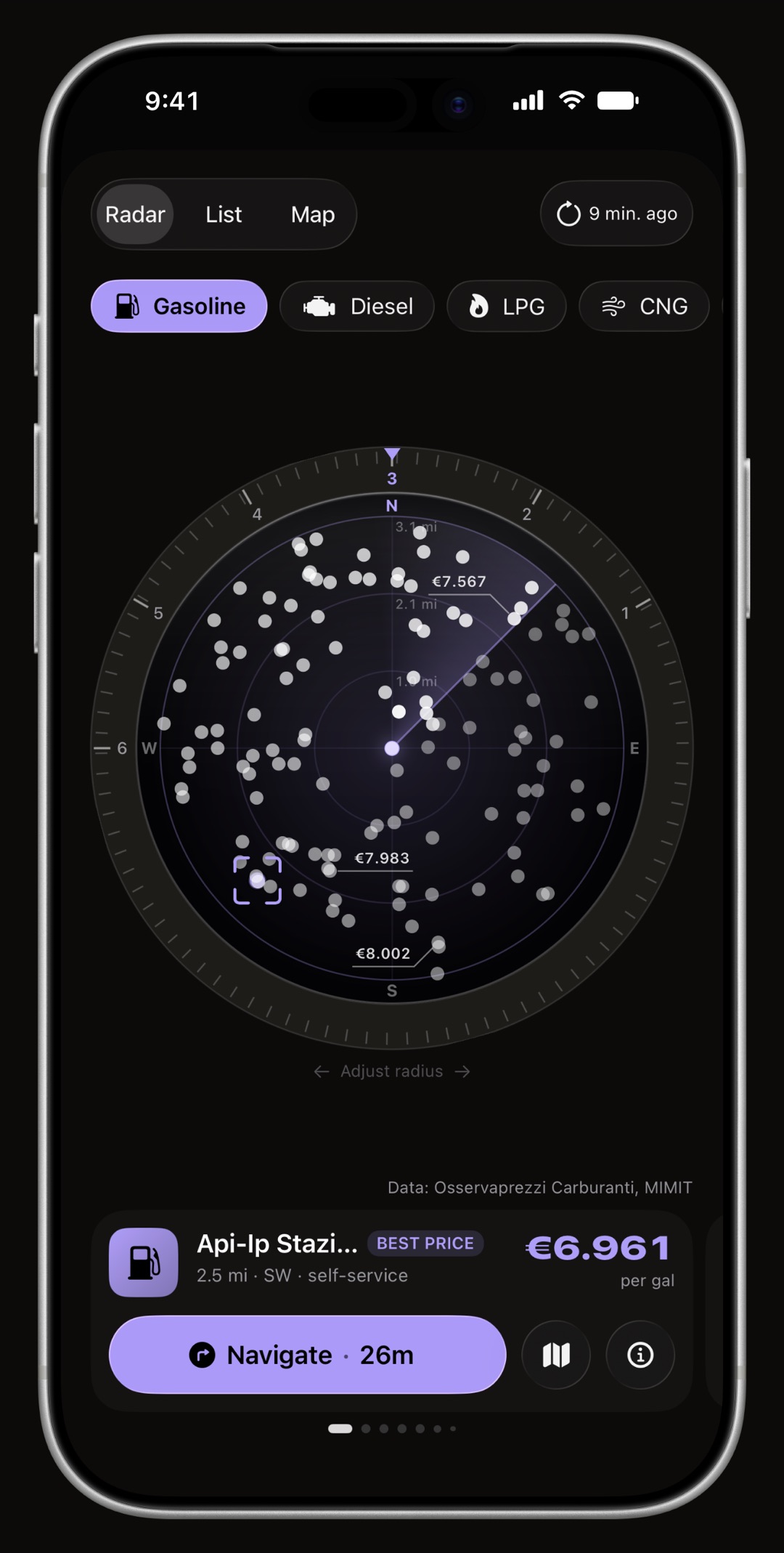 WrenchTime Price Radar on iPhone, its ring, its heading cone and the station card all drawn in the accent color: Lavender