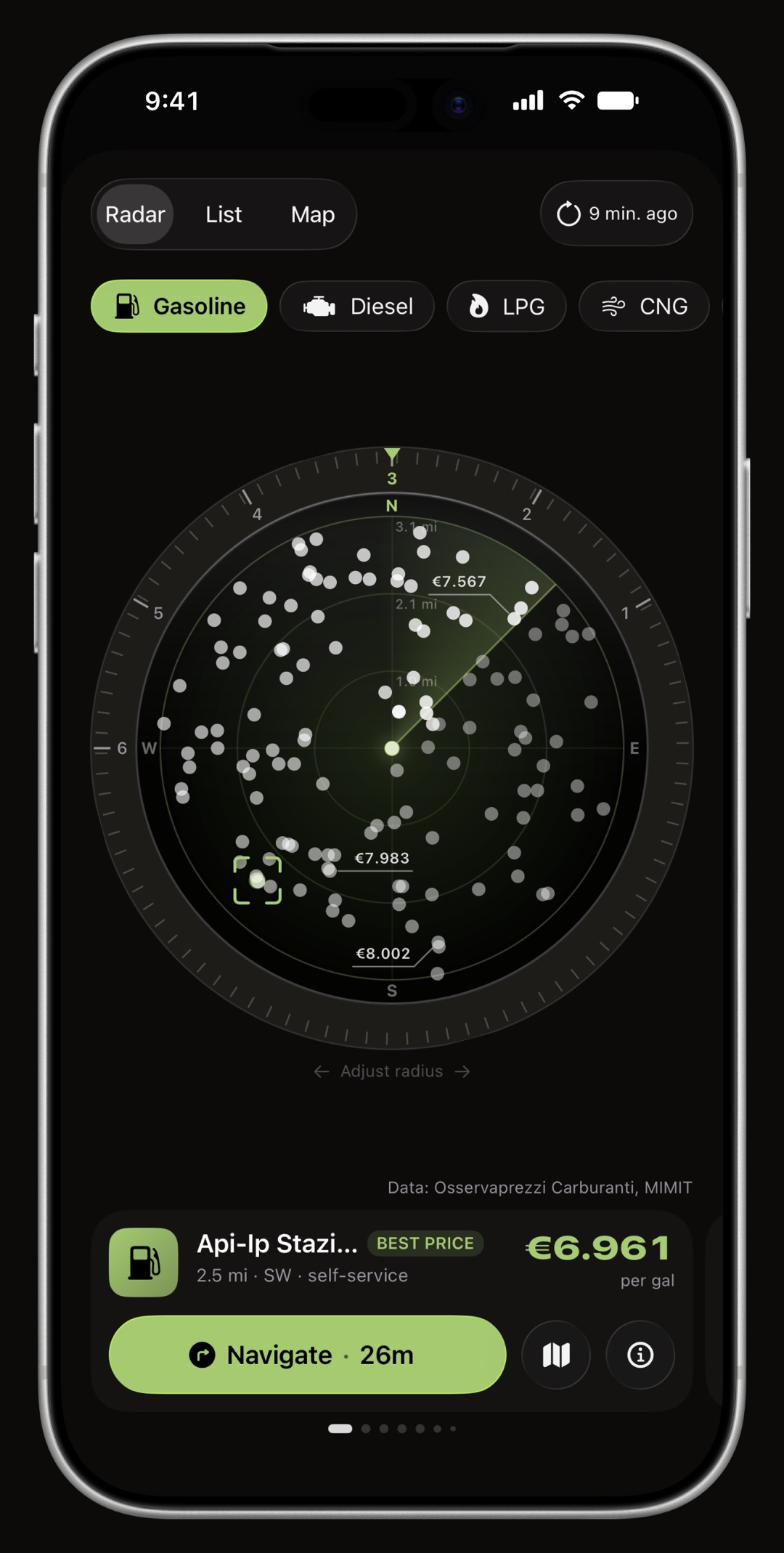 WrenchTime Price Radar on iPhone, its ring, its heading cone and the station card all drawn in the accent color: Lime