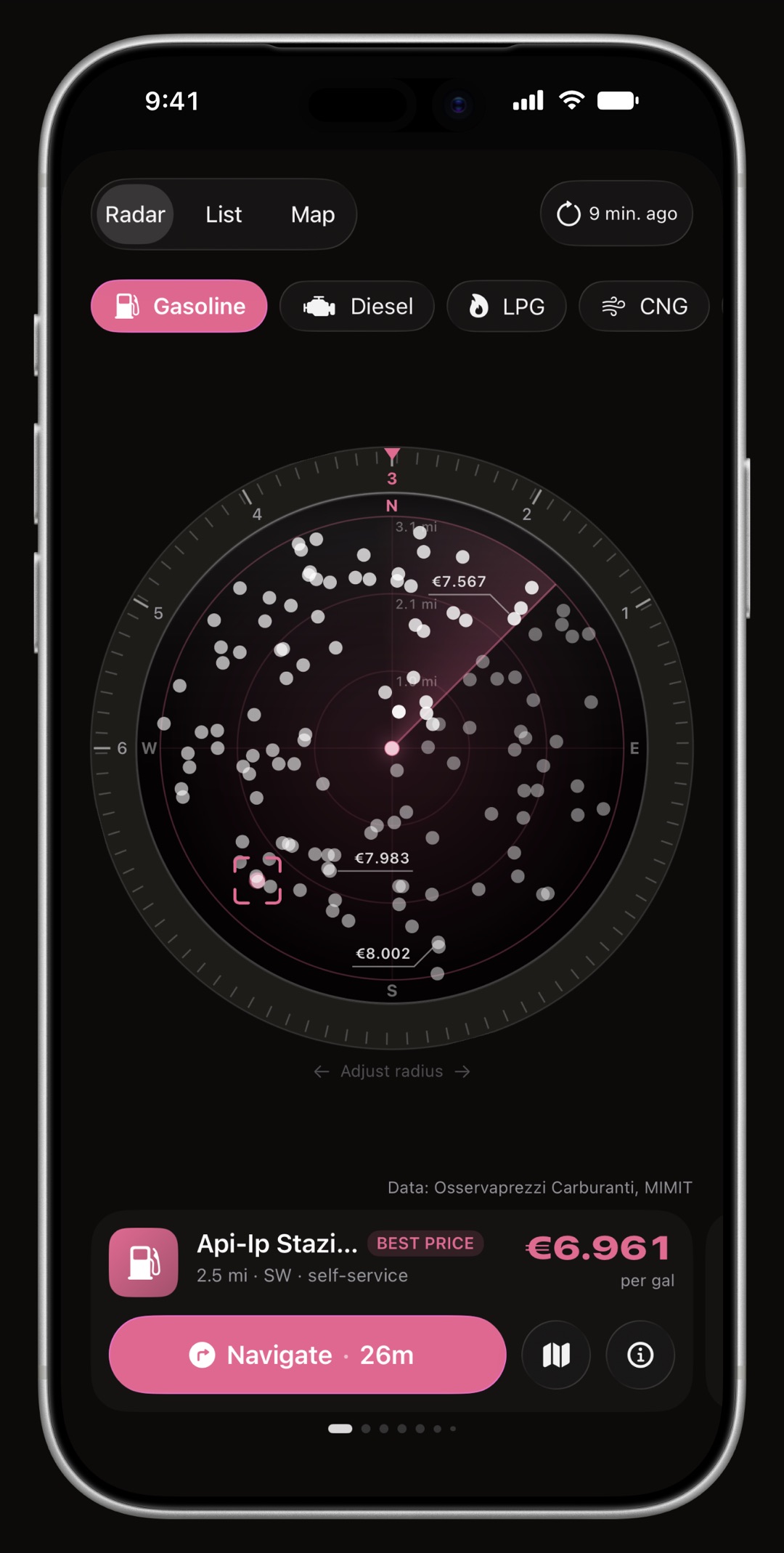 WrenchTime Price Radar on iPhone, its ring, its heading cone and the station card all drawn in the accent color: Magenta