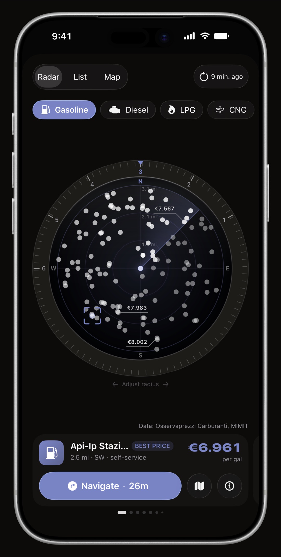 WrenchTime Price Radar on iPhone, its ring, its heading cone and the station card all drawn in the accent color: Midnight