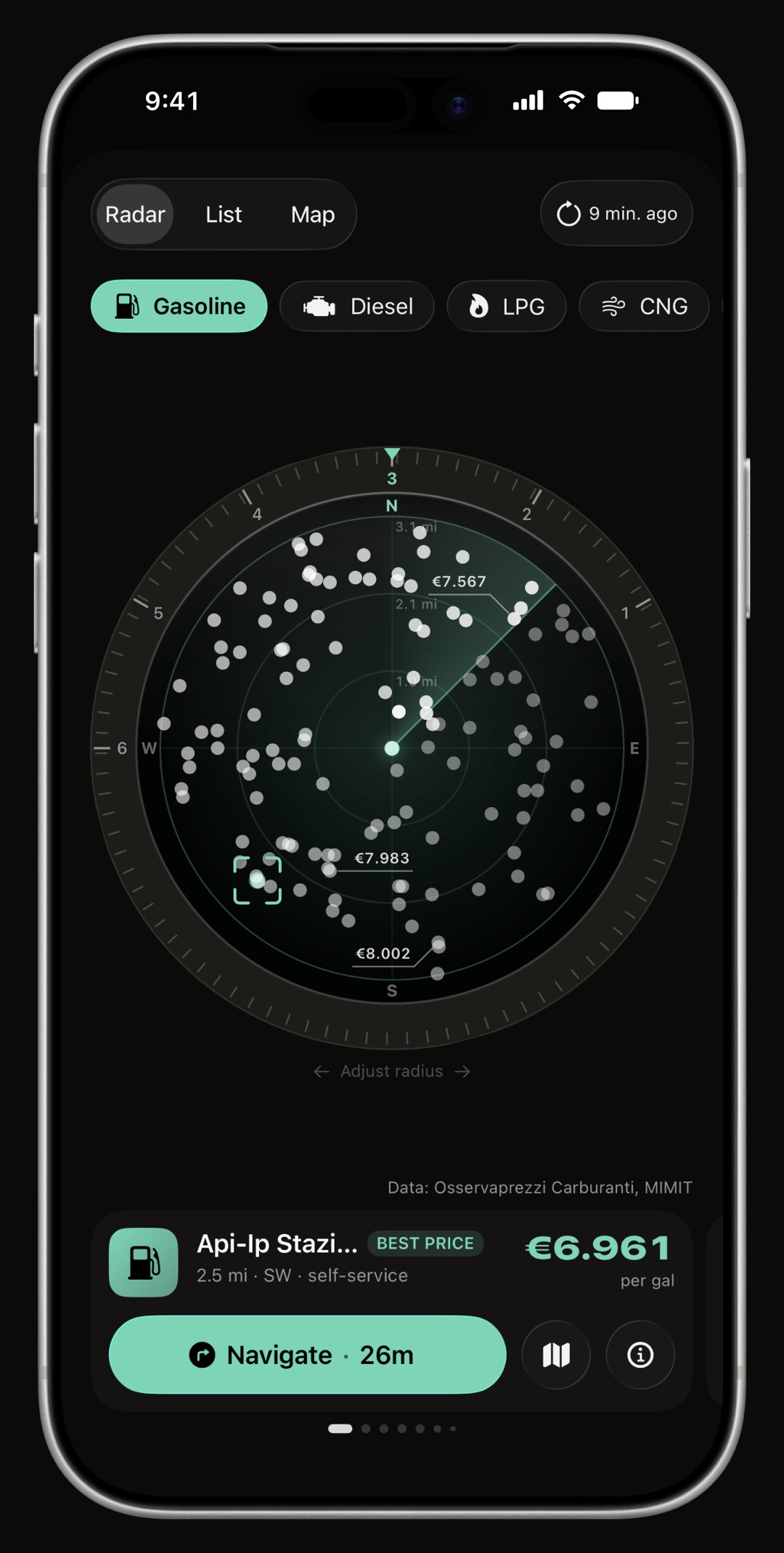 WrenchTime Price Radar on iPhone, its ring, its heading cone and the station card all drawn in the accent color: Mint