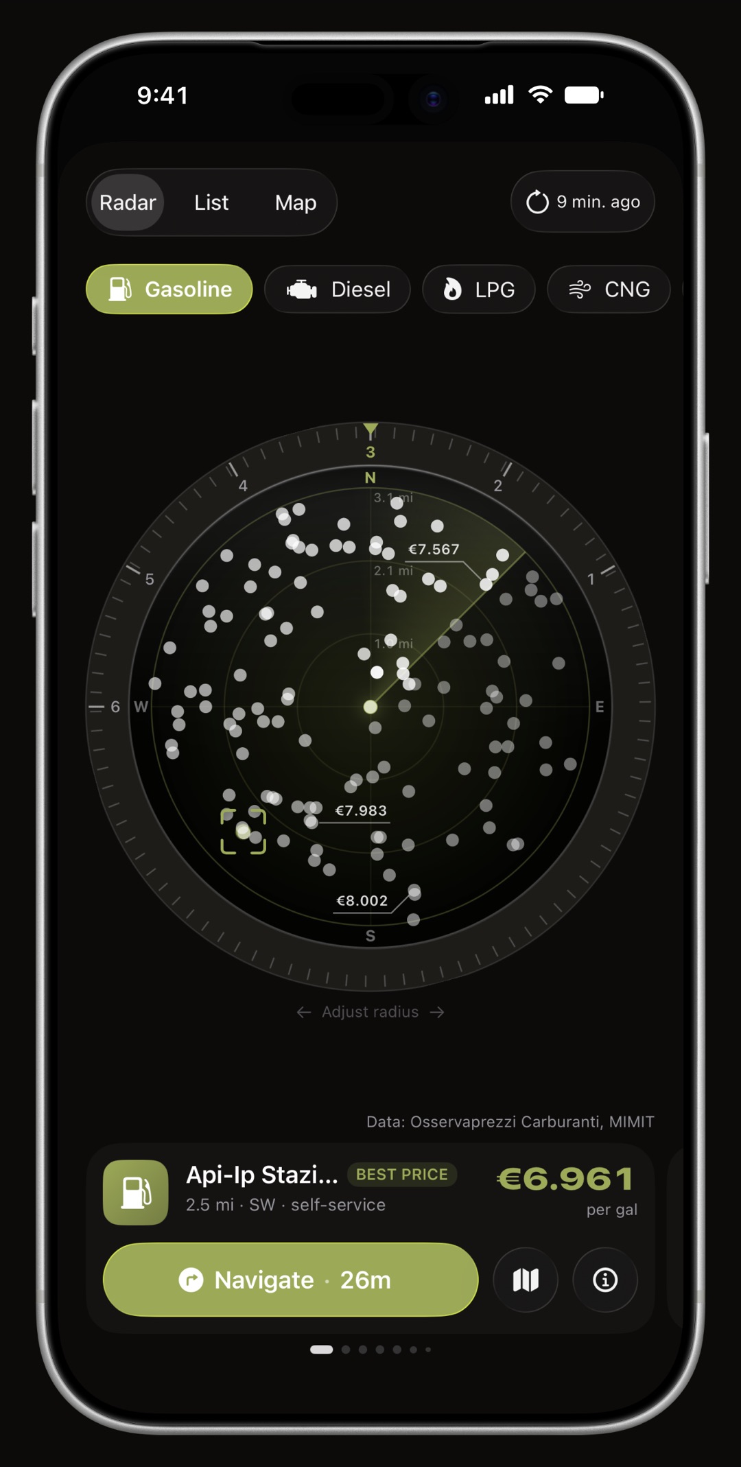 WrenchTime Price Radar on iPhone, its ring, its heading cone and the station card all drawn in the accent color: Olive