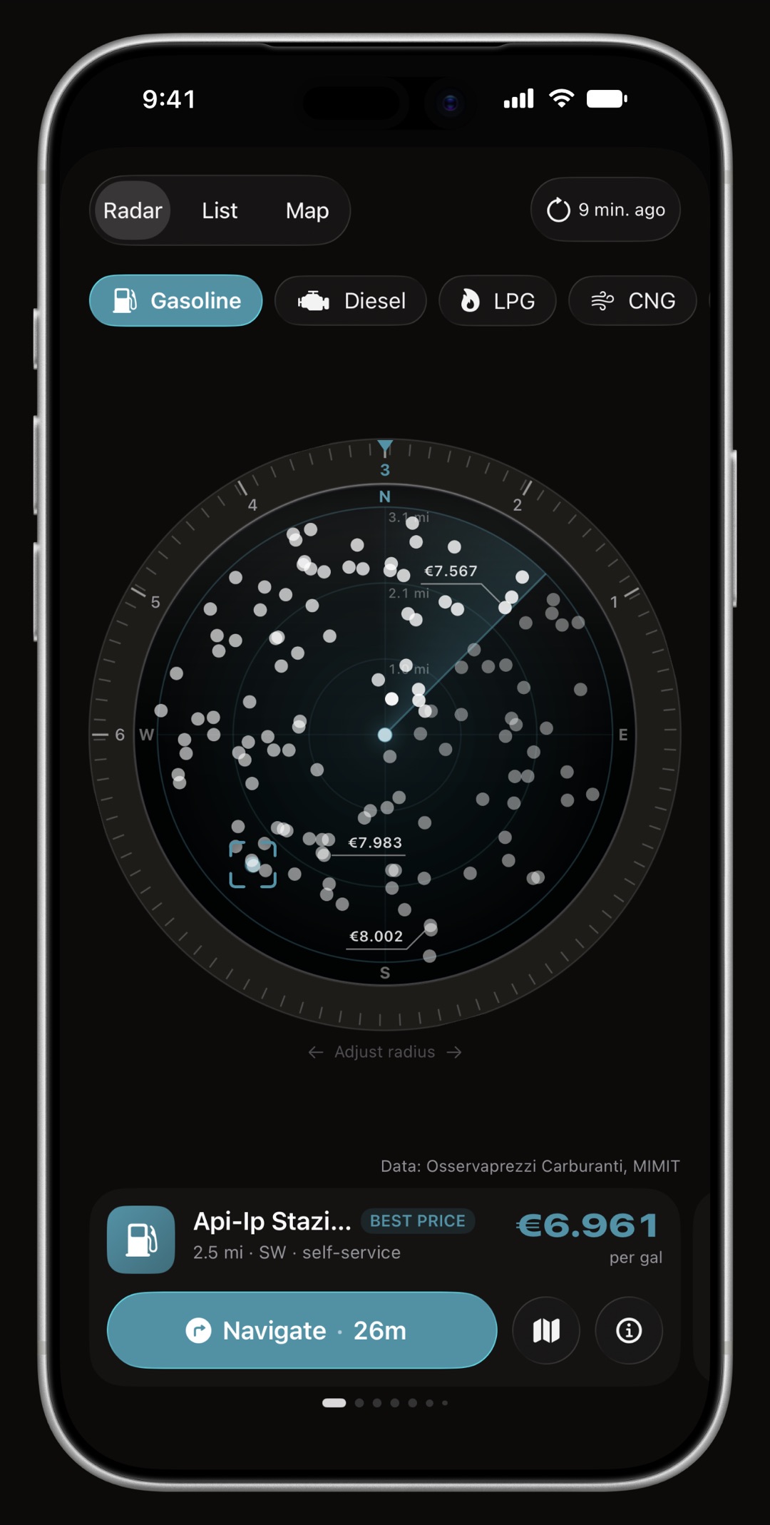 WrenchTime Price Radar on iPhone, its ring, its heading cone and the station card all drawn in the accent color: Petrol Blue