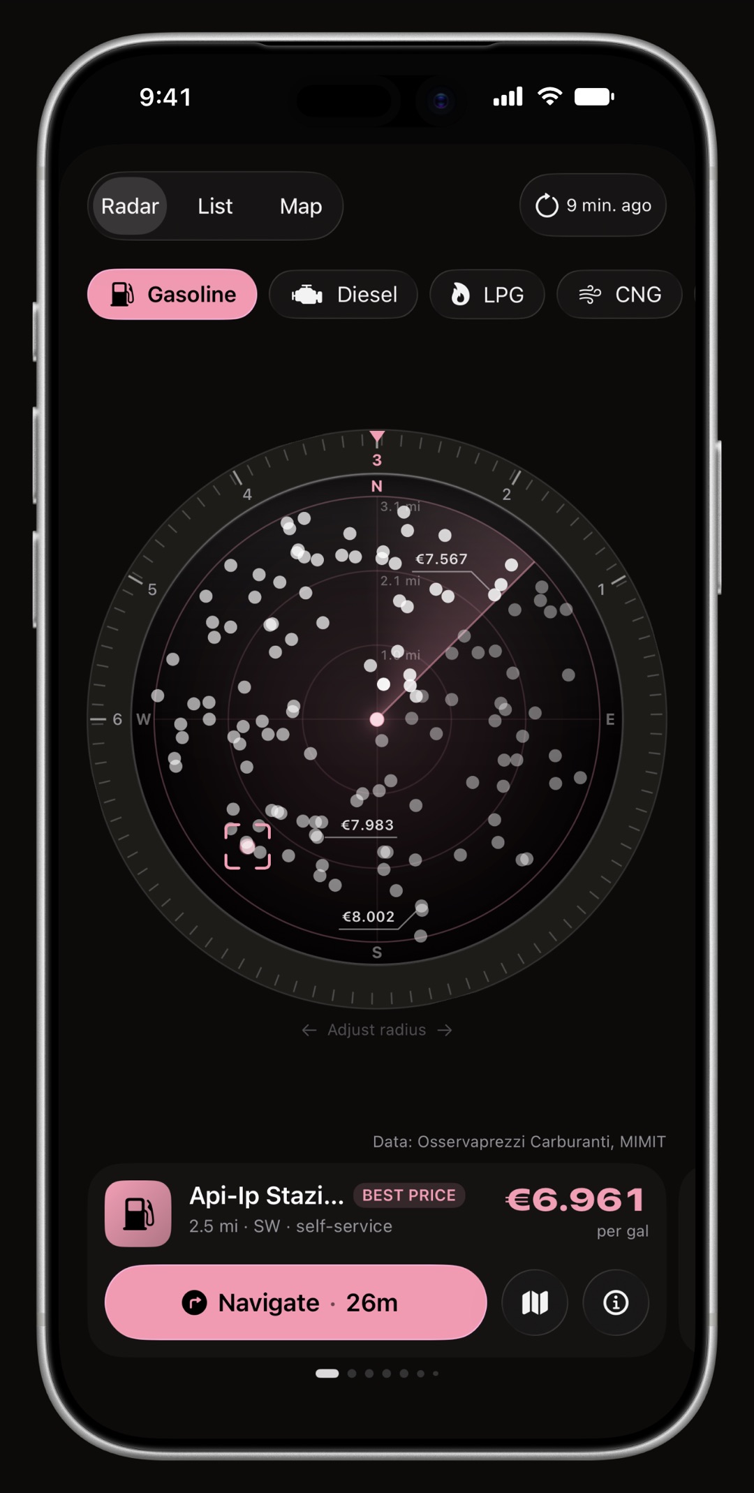 WrenchTime Price Radar on iPhone, its ring, its heading cone and the station card all drawn in the accent color: Rose