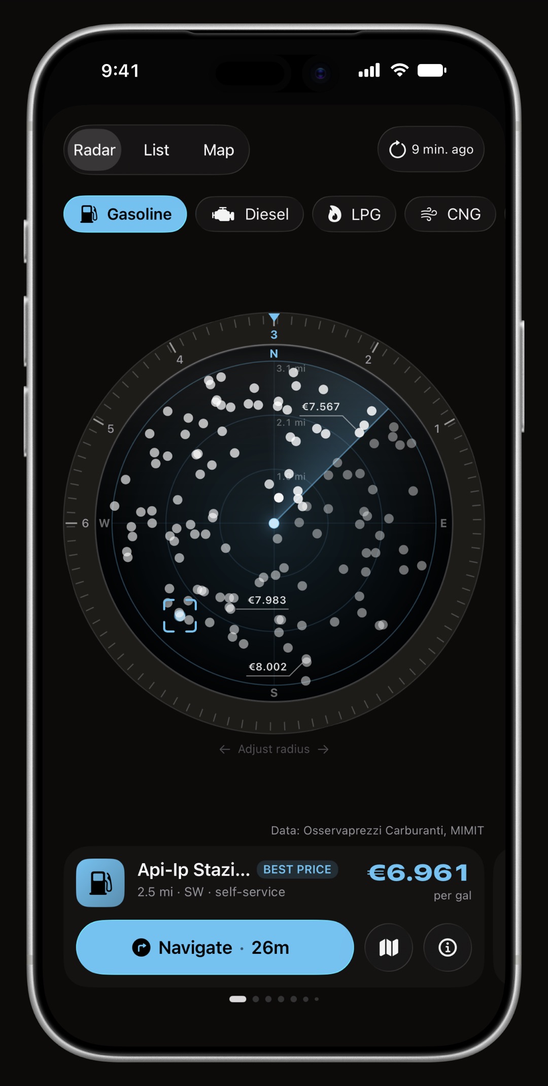 WrenchTime Price Radar on iPhone, its ring, its heading cone and the station card all drawn in the accent color: Sky Blue