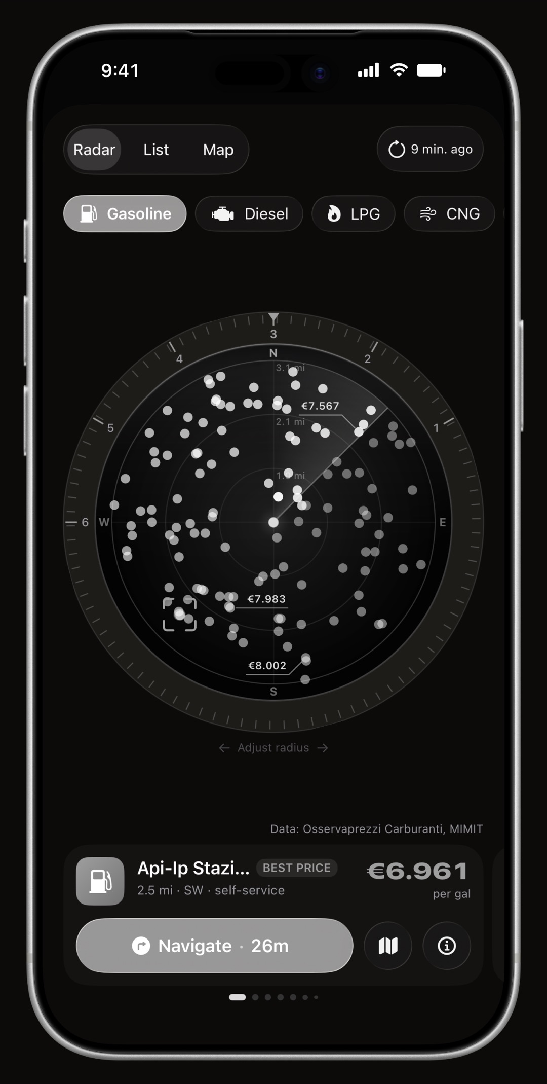 WrenchTime Price Radar on iPhone, its ring, its heading cone and the station card all drawn in the accent color: Titanium